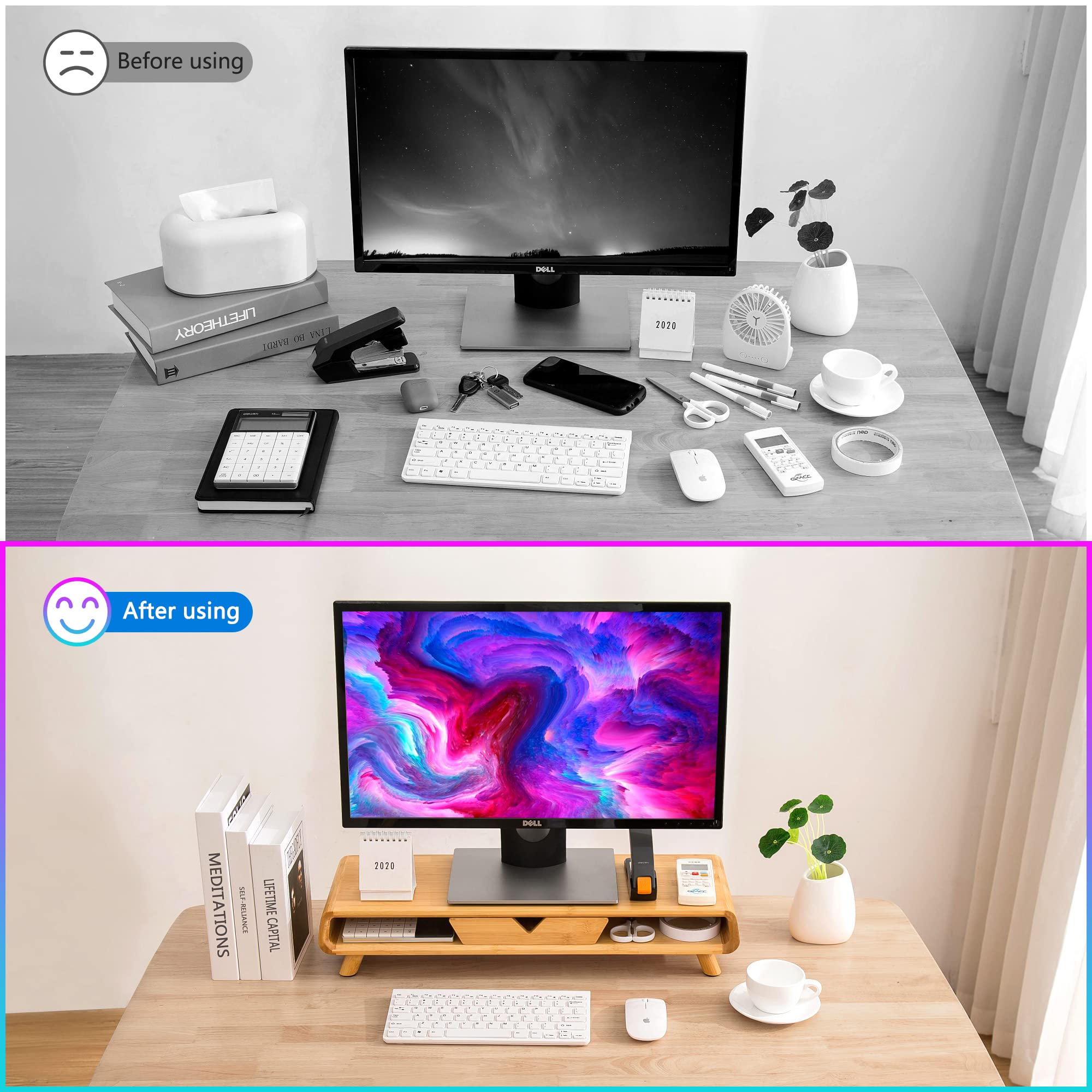 Homerays Bamboo Monitor Stand Riser, No Assembly Required Exquisite Monitor Stand With Drawer Ergonomic Height Wood Monitor Stan