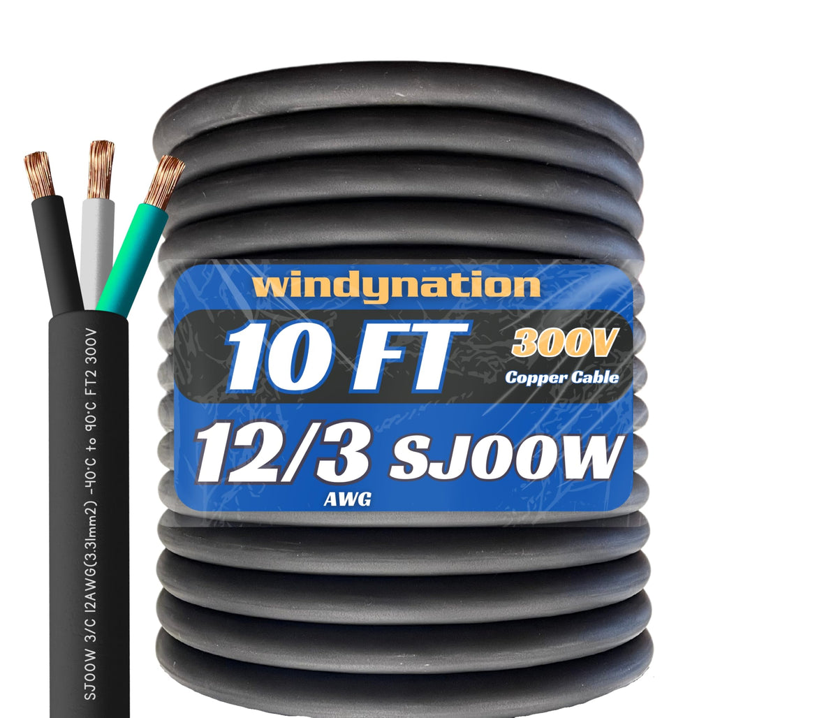 10 Feet 12/3 Sjoow Cable Cord 12 Awg 3 Conductor So Wire   12 Gauge 3 Conductor (12/3 Wire) 300V Portable Power Extension Cable