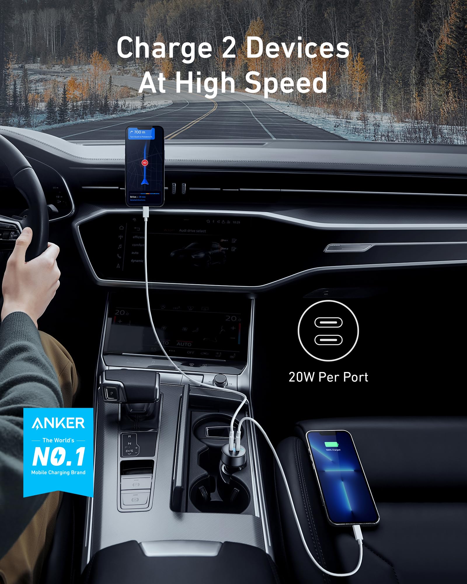 Anker Usb C Car Charger, 40W 2 Port Poweriq 3.0 Type C Adapter, Powerdrive Iii Duo With Power Delivery For Iphone 14 13 12 11 X