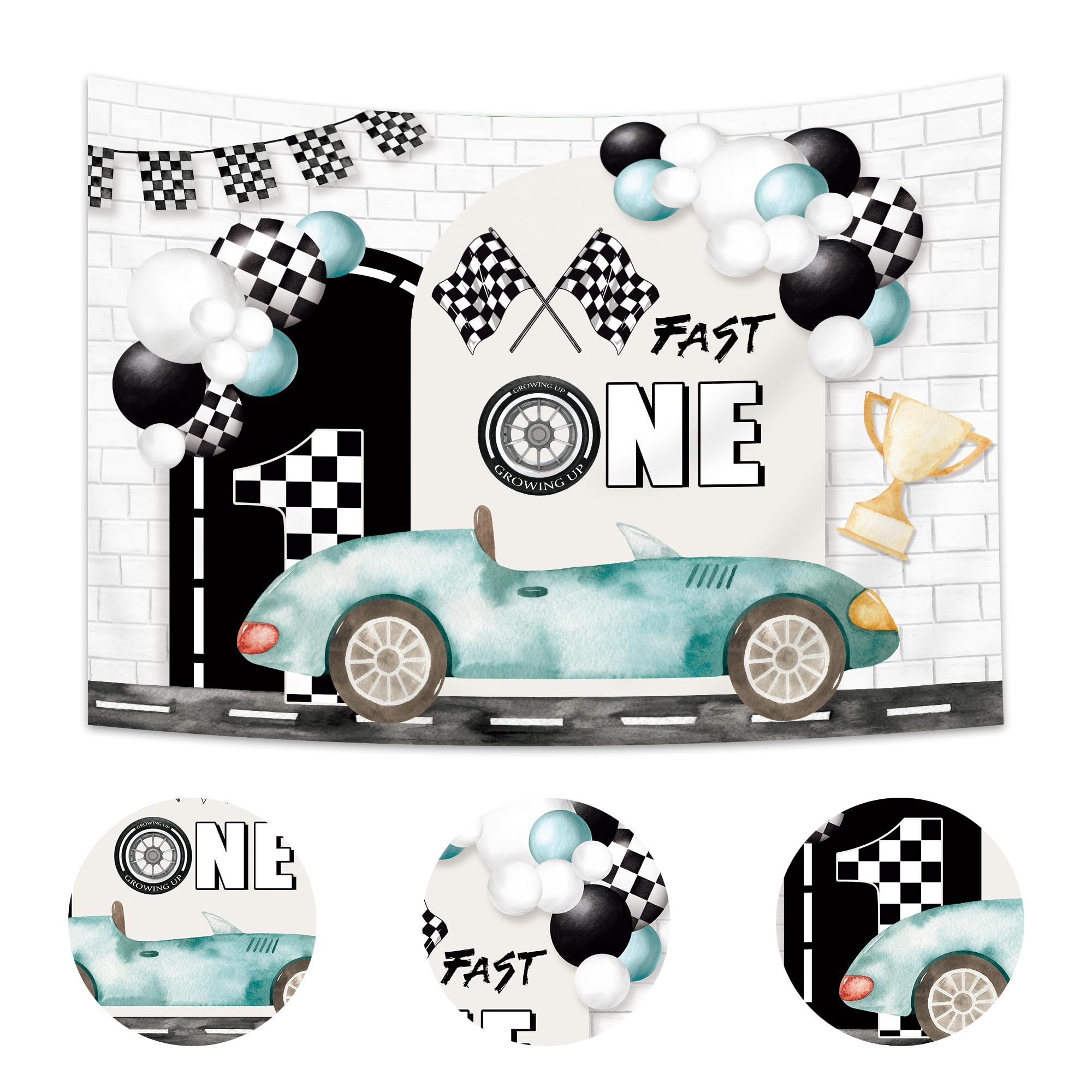 Imirell Fast One 1St Birthday Backdrop 7Wx5H Feet Kids Boys Racing Car Teal Black White Plaid Flag Cool Polyester Fabric Bday Ca