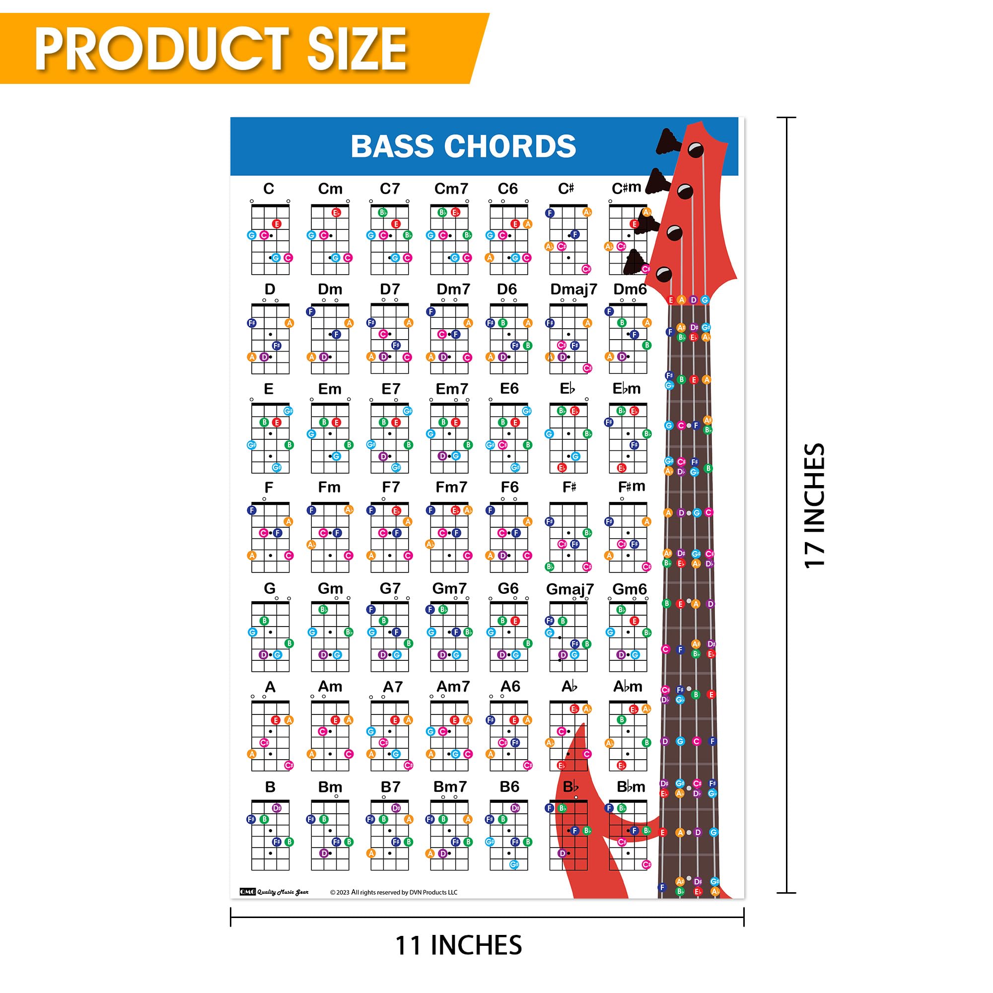 Qmg Bass Guitar Chord Poster (11 X17 ), Bass Guitars Accessories, Laminated Bass Chord Chart, 49 Color Coded Chords, Beginner Ba