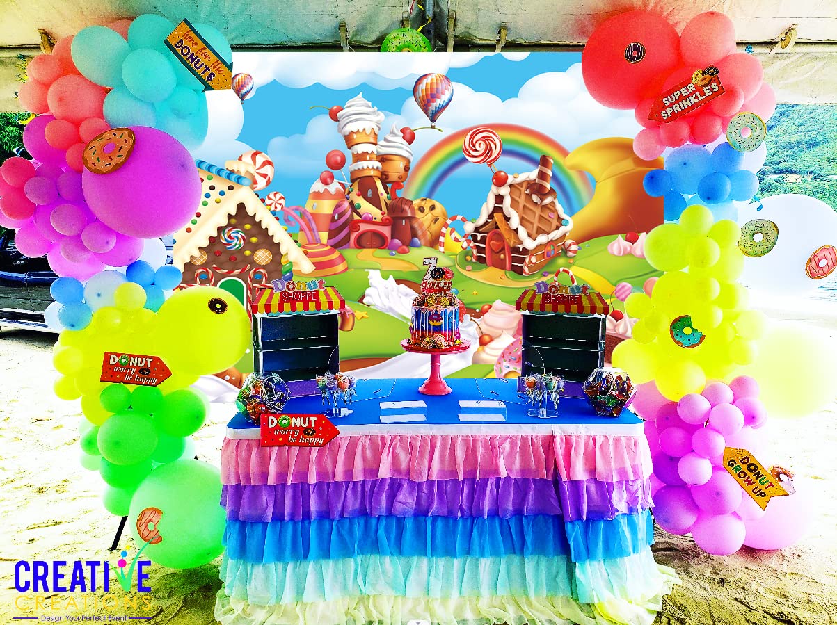 Candyland Backdrop 7X5Ft Cartoon Rainbow Lollipop Icecream Sweet Donut Candy Photography Background For 1St First Birthday Party