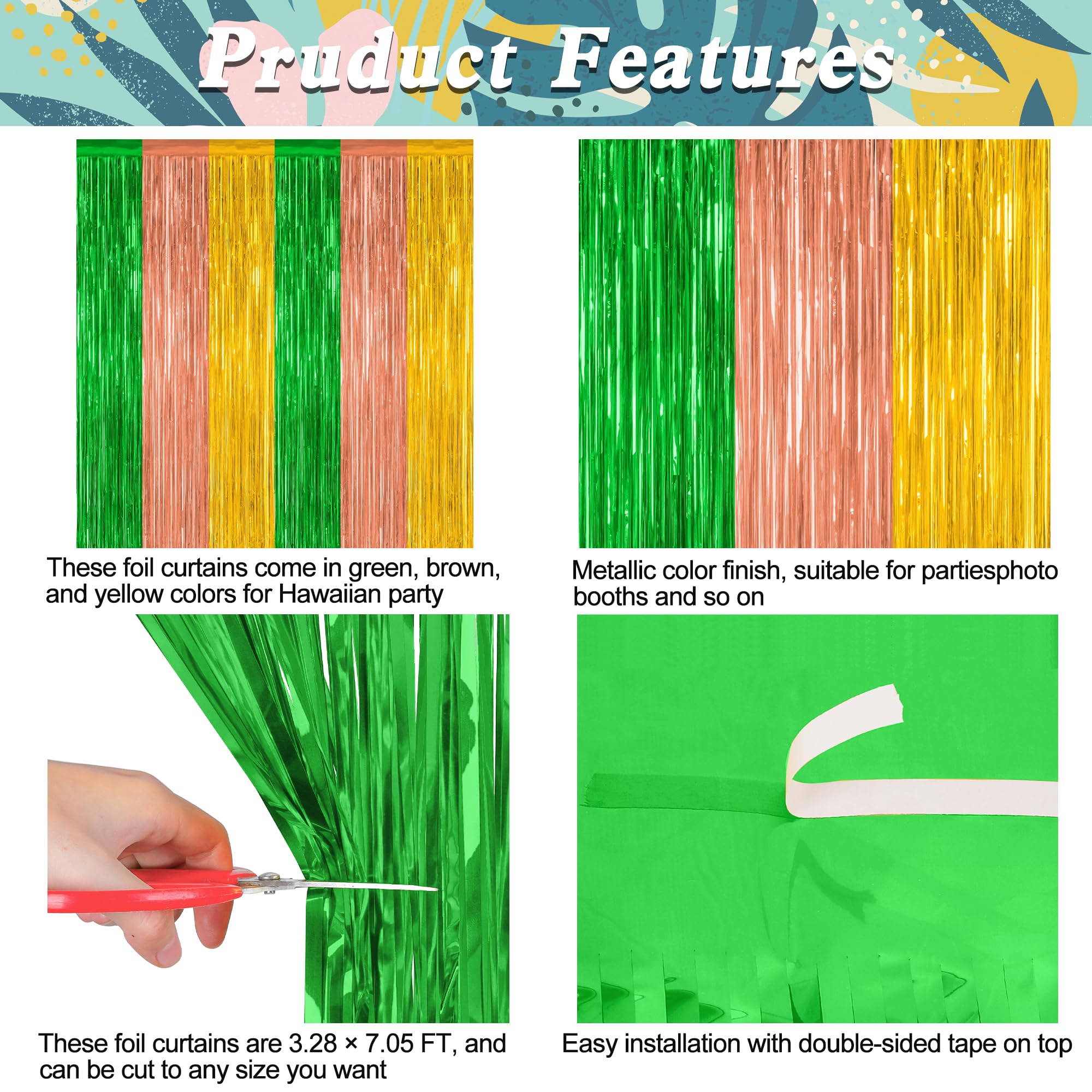 12 Pack Hawaiian Party Decorations, 3.28 Ft X 7.05 Ft Luau Party Decorations, Green Brown Yellow Luau Backdrop Fringe Curtains F