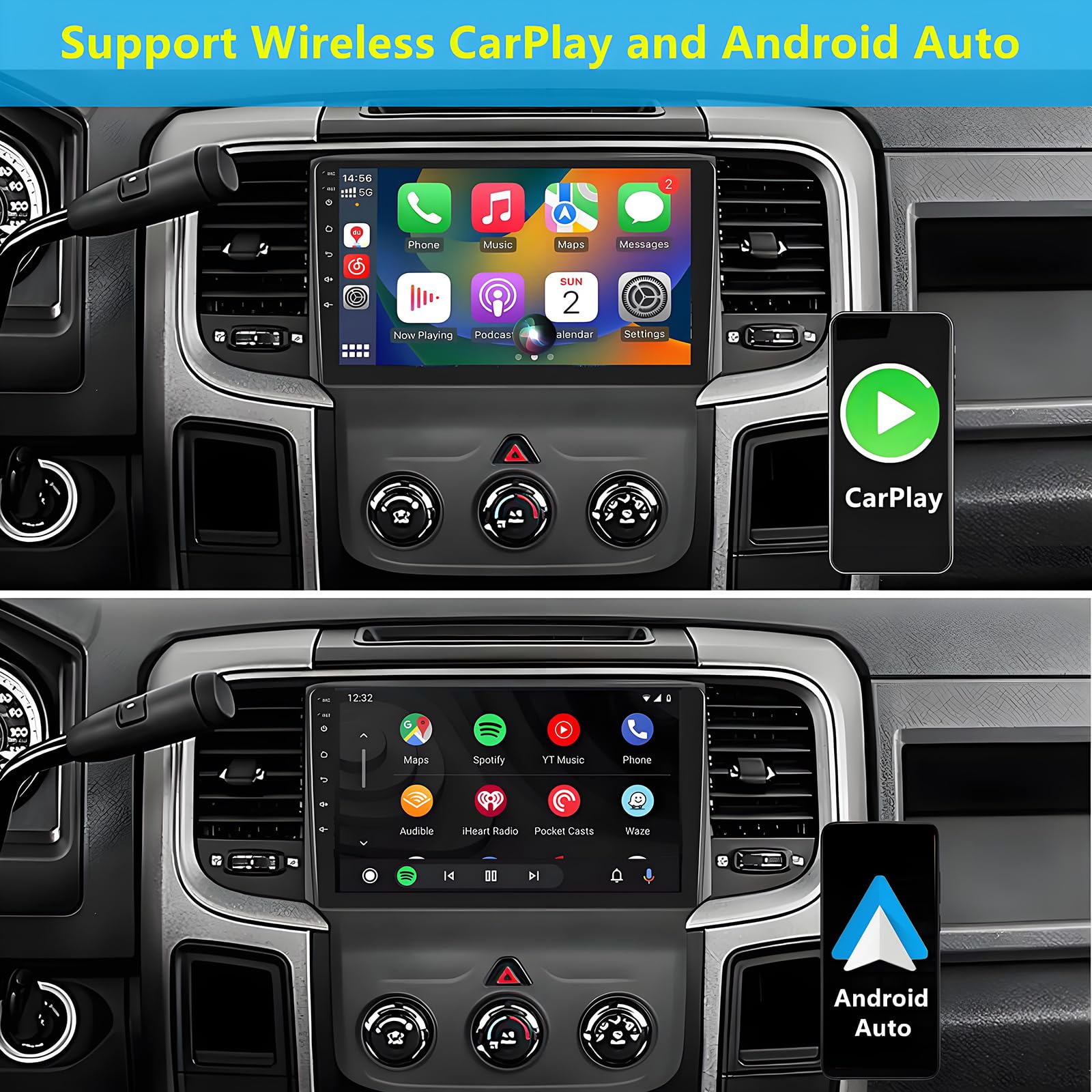 TOWILLTO 9 Inch Touchscreen Car Stereo for Dodge Ram 1500 2500 3500, Wireless CarPlay & Android Auto, Manual AC, 4G+32G GPS