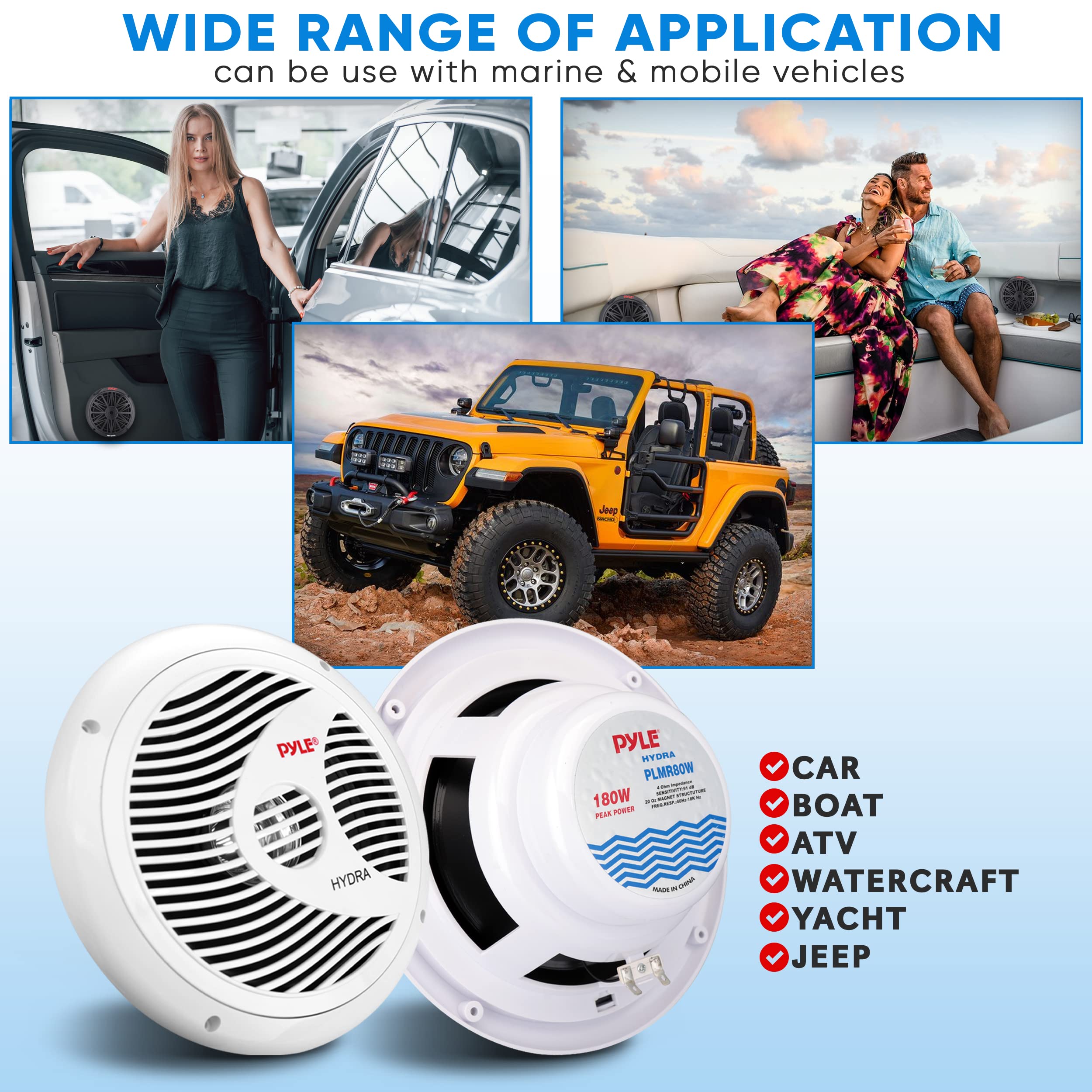 Pyle Marine Speakers, Boat Speakers, Marine Speaker, 8'' 180W Waterproof, 4 Ohm, Pp Cone, Rubber Surround, 1.5'' Voice Coil, 20
