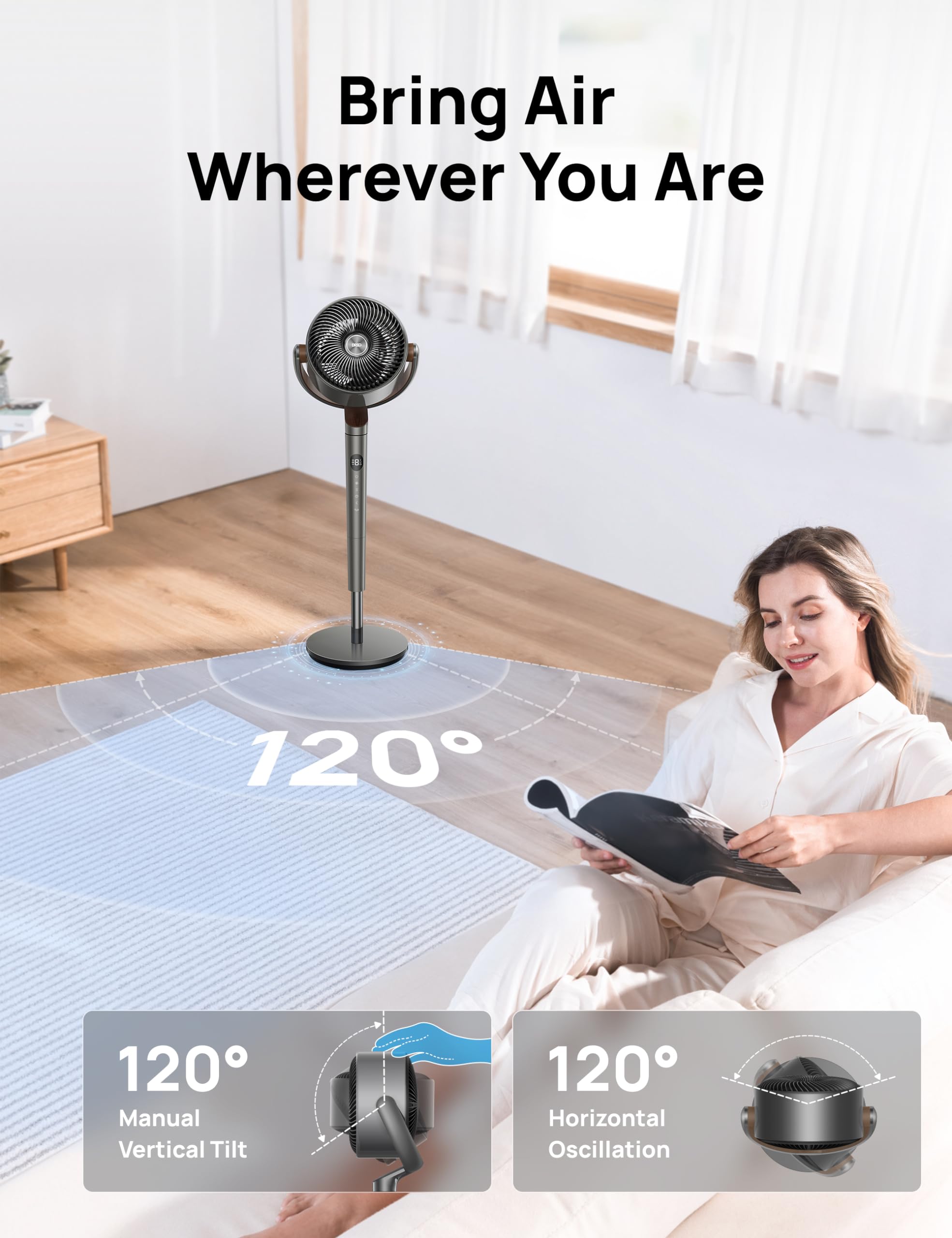 Dreo Fan For Bedroom, 120� Oscillating Standing Fan, Quiet Floor Fan With Dc Motor, 82Ft Pedestal Fan For Whole Room, 8 Speeds, 3 Modes, 20Db, 120� Manual Vertical, 35 40' Adjustable Height, 8H Timer