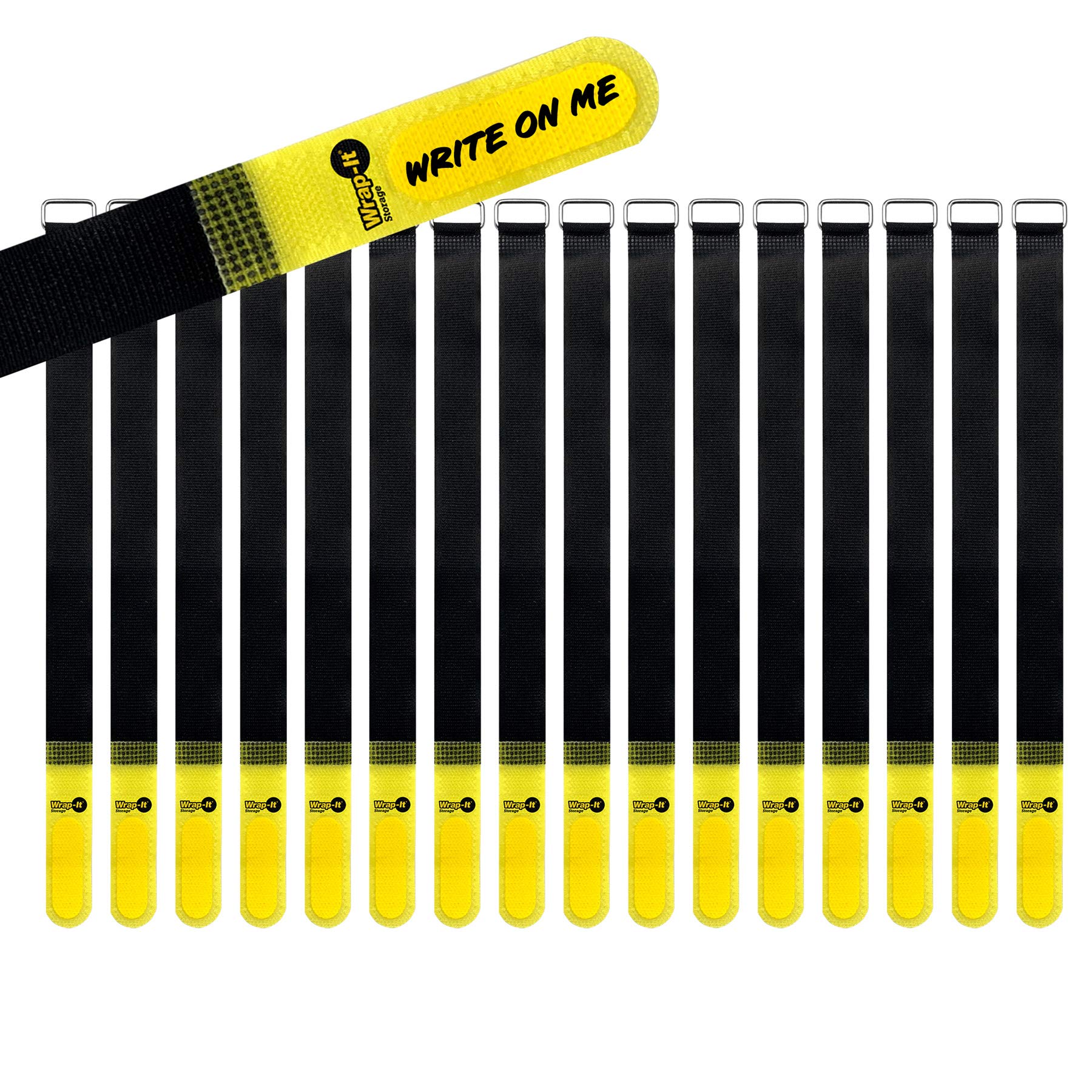 Wrap It Storage Hook And Loop Cinch Straps 12'' 16 Pack (Yellow/Black) With Write On Label For Easy Cord Identification And Cabl