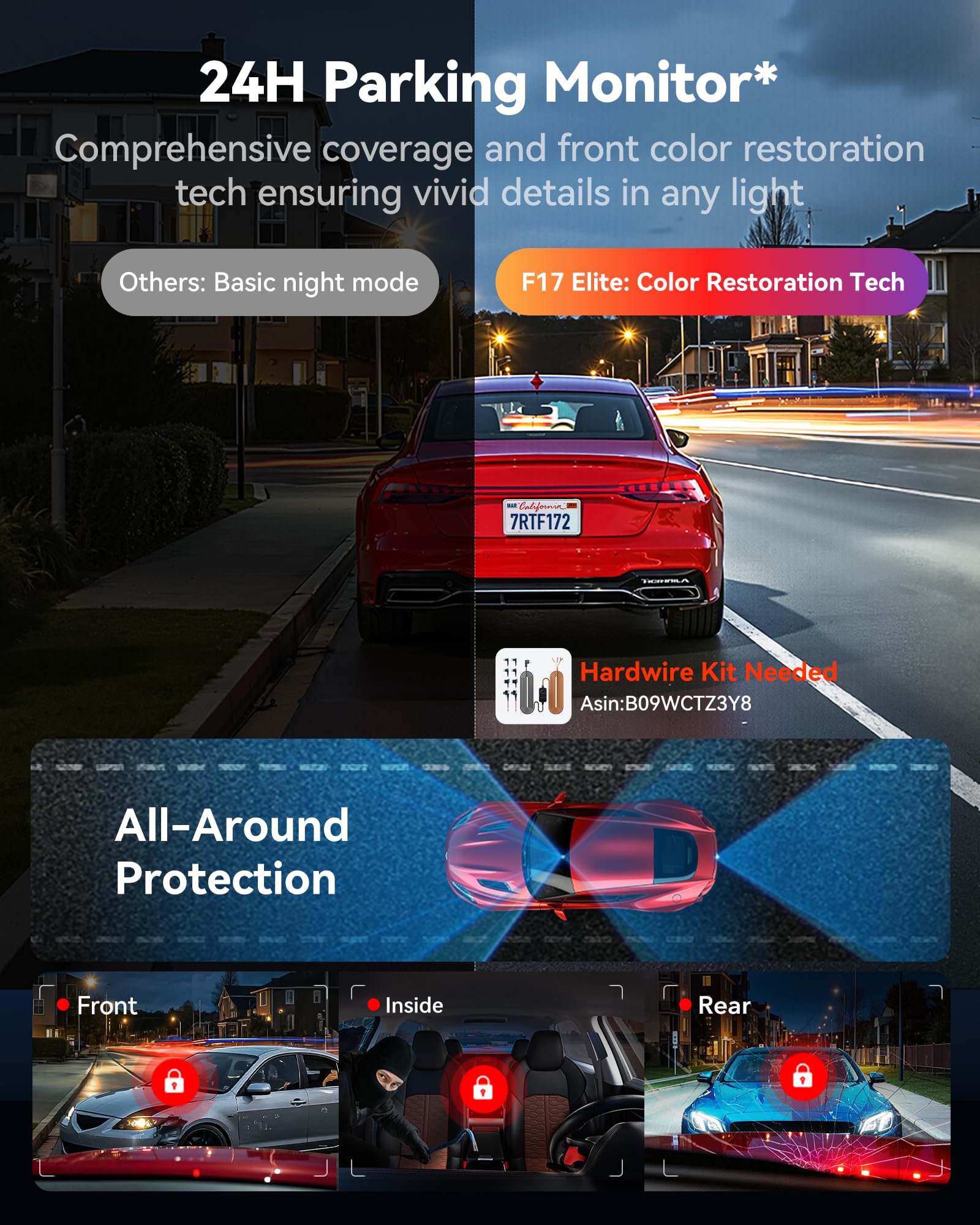 Redtiger F17 Elite 4K 3 Channel Dash Cam, Starvis 2 Imx678 & Imax 675, 128Gb Card, Full Night Color, 4K+2.5K+1080P Front And Rea