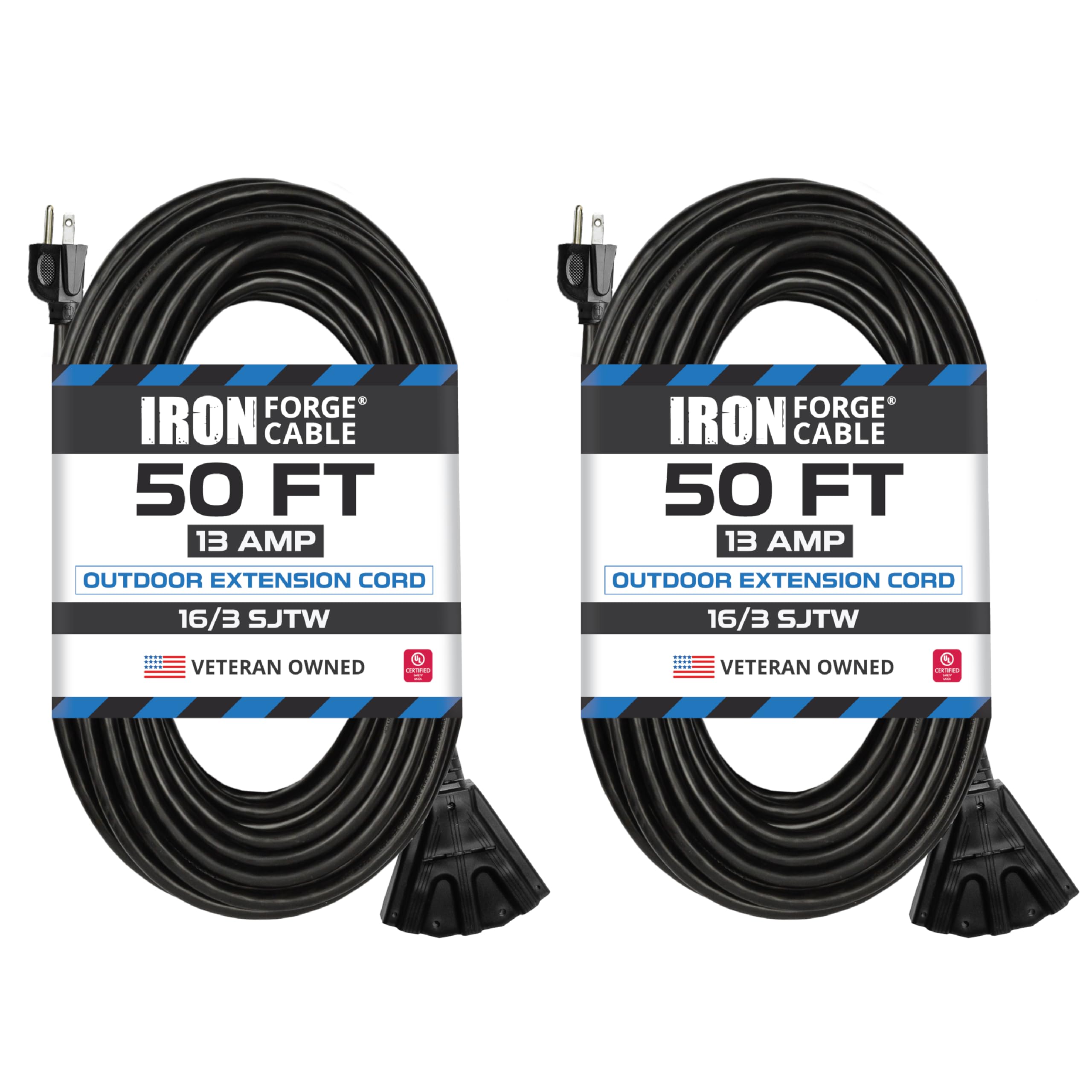 Iron Forge Cable 2 Pack 3 Outletoutdoor Extension Cord 50 Ft, 16/3 Sjtw Black Extension Cord With Multiple Outlets 3 Prong, 13 A