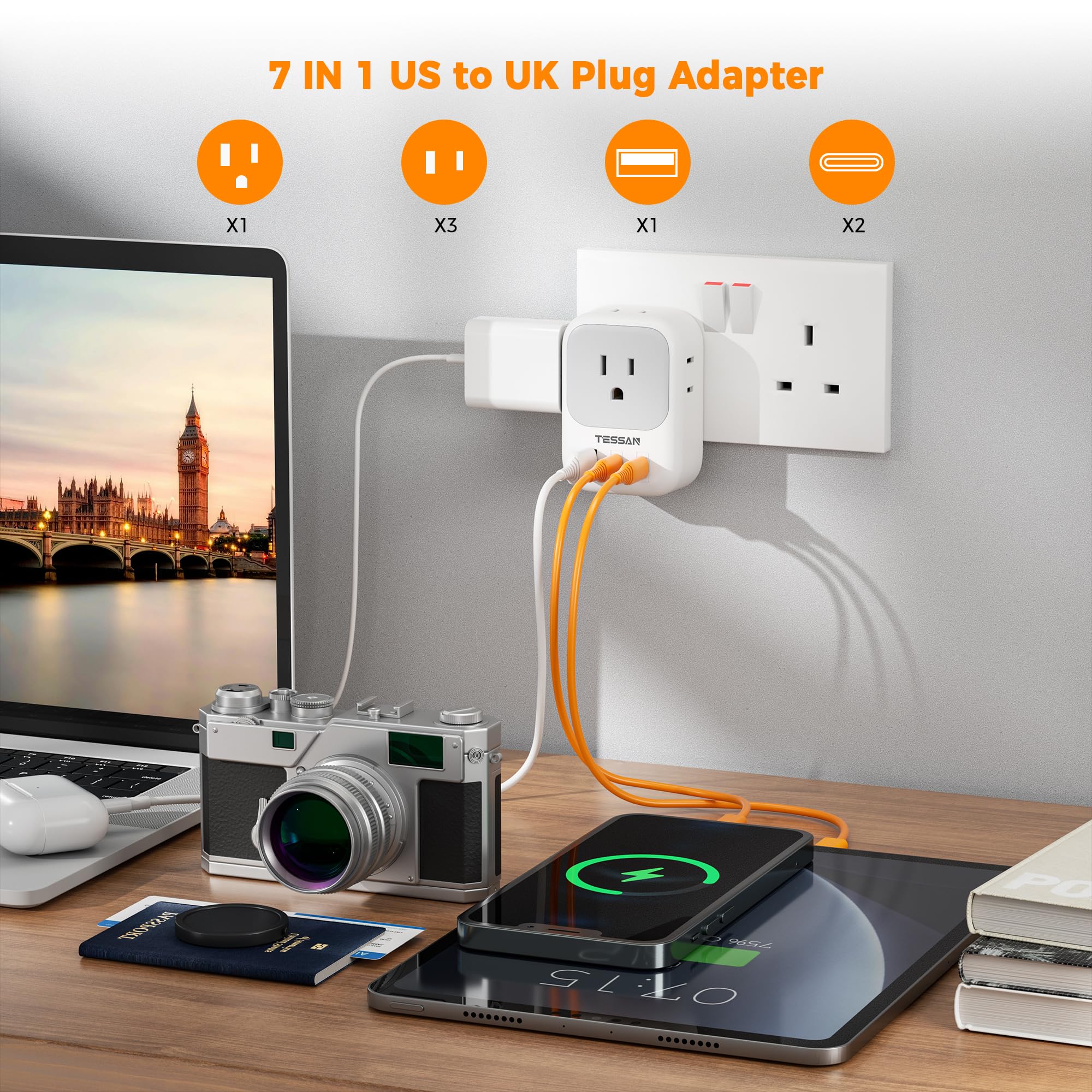 Us To Uk Plug Adapter, Tessan Type G Travel Adaptor With 4 Electrical Outlets 3 Usb Ports (2 Usb C), Ireland Power Adapter For U
