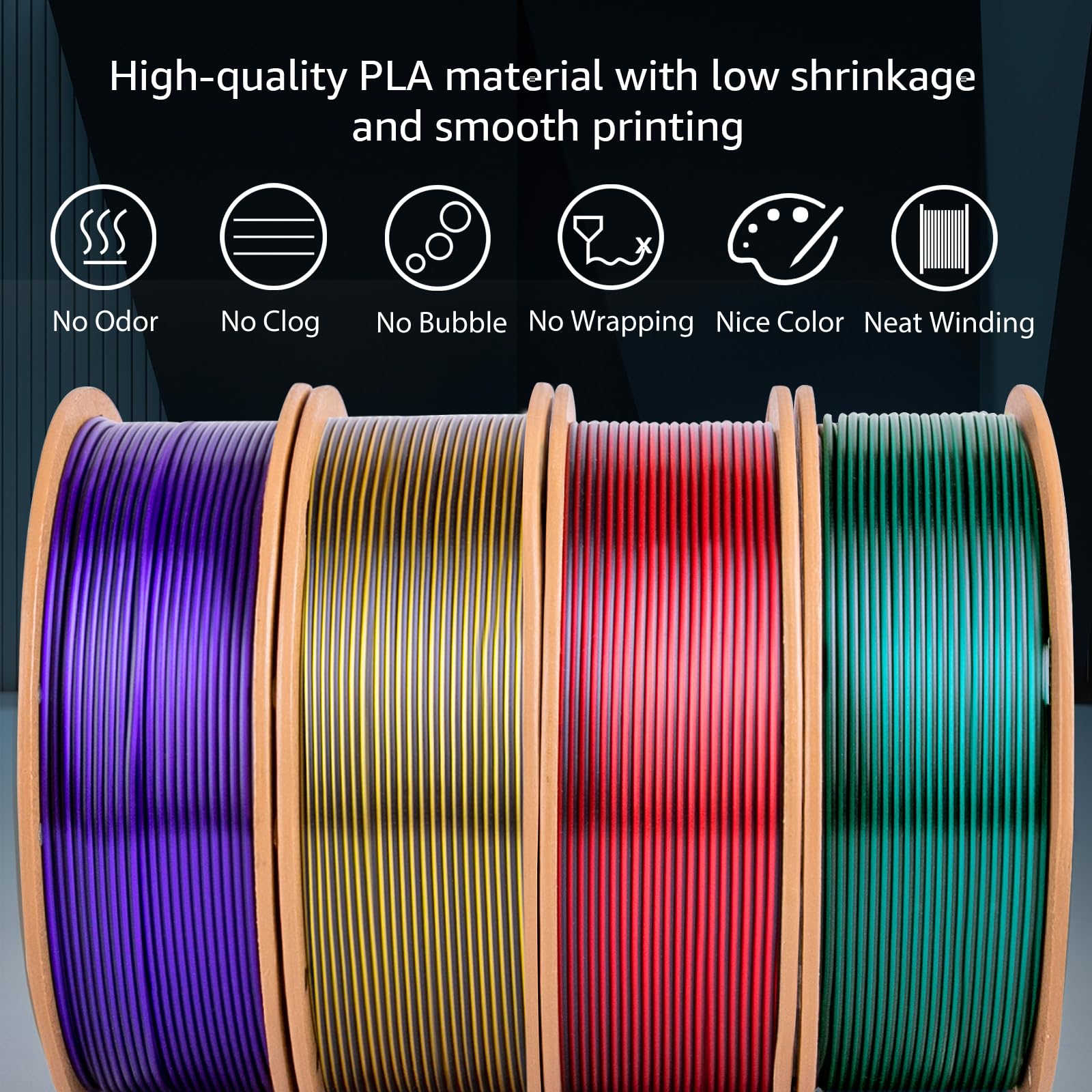 Dikale Silk 3D Printing Filament Pla+ Dual Color Black Series Bundle 4-Pack - 1.75Mm 3D Printing Pla Pro 250G (0.55Lbs) X 4 Spoo