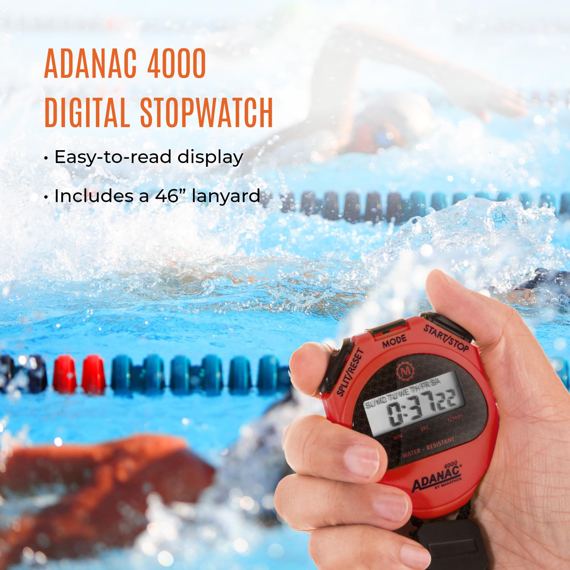 Marathon Adanac 4000 Digital Stopwatch Timer, Red   High Precision Accuracy To 1/100Th Seconds   Water, Dust & Shock Resistant   46� Lanyard Included