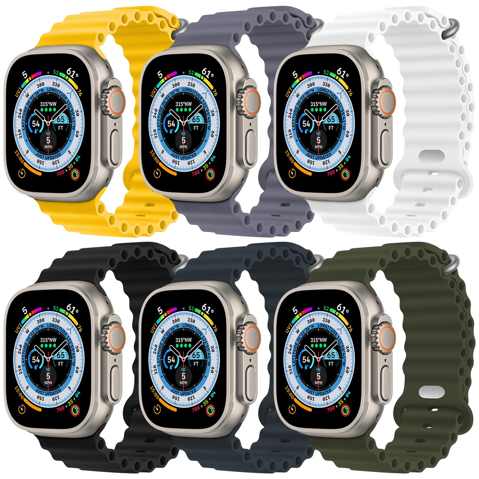 6 Pack Ocean Band Compatible With Apple Watch Band Ultra 49Mm For Women Men, Silicone Adjustable Sport Band With Metal Buckle Fo