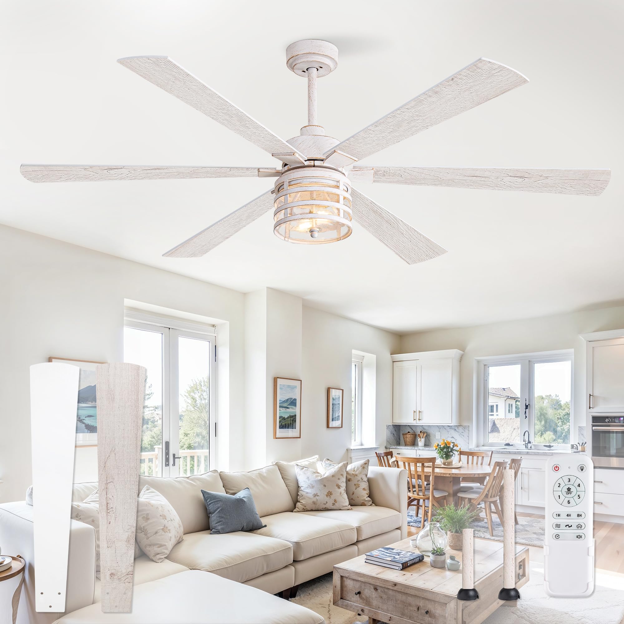65 Inch Modern Ceiling Fans With Lights And Remote,Farmhouse Large Ceiling Fan With 6 Speed Reversible Dc Motor And 6 Dual Finis