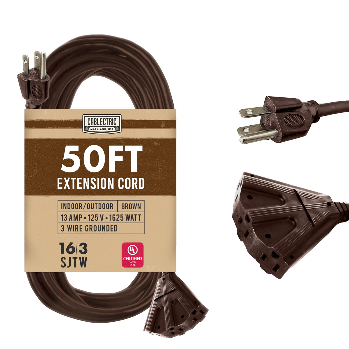 Cablectric 3 Outlet Brown Outdoor Extension Cord 50 Ft, Sjtw Heavy Duty 16 Gauge Extension Cord Multiple Outlets 3 Prong, 13 Amp