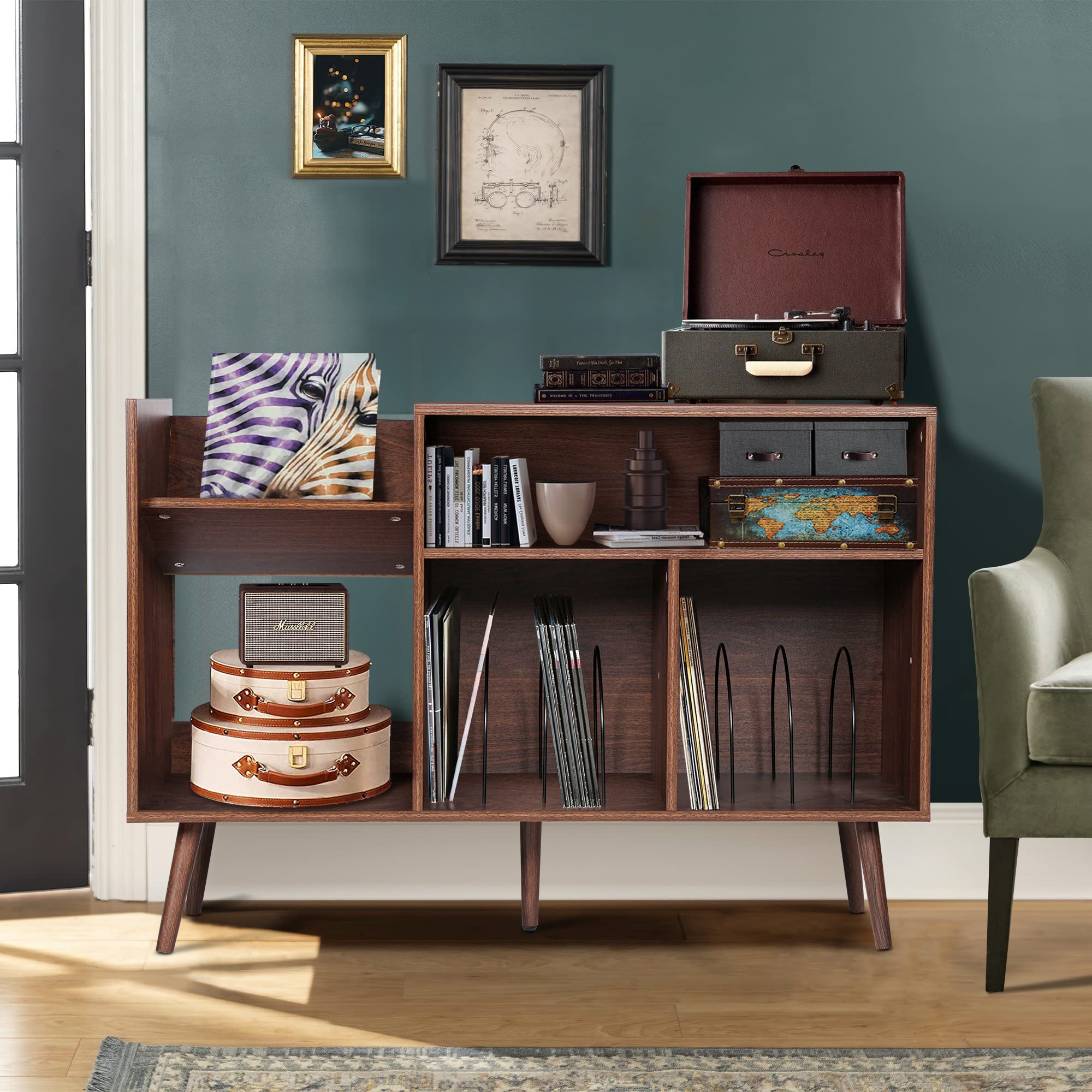 Qhitty Record Player Stand, Mid Century Modern Vinyl Record Storage Cabinet Table With Wood Legs, Turntable Stand Record Holder