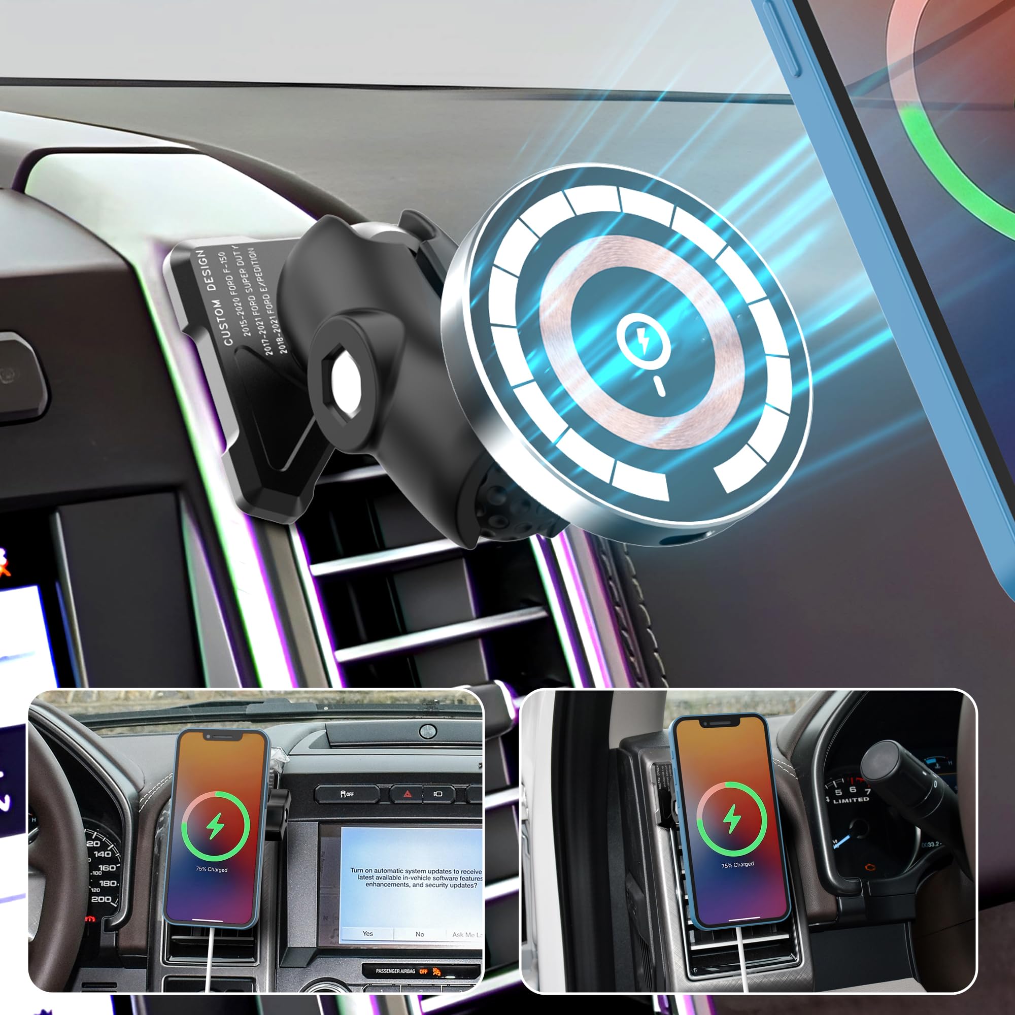 For Magsafe Car Mount Charger For Ford F-150 2015-2020,Expedition 2018-2021, Super Duty 2017-2021,15W Fast Charging Wireless Car