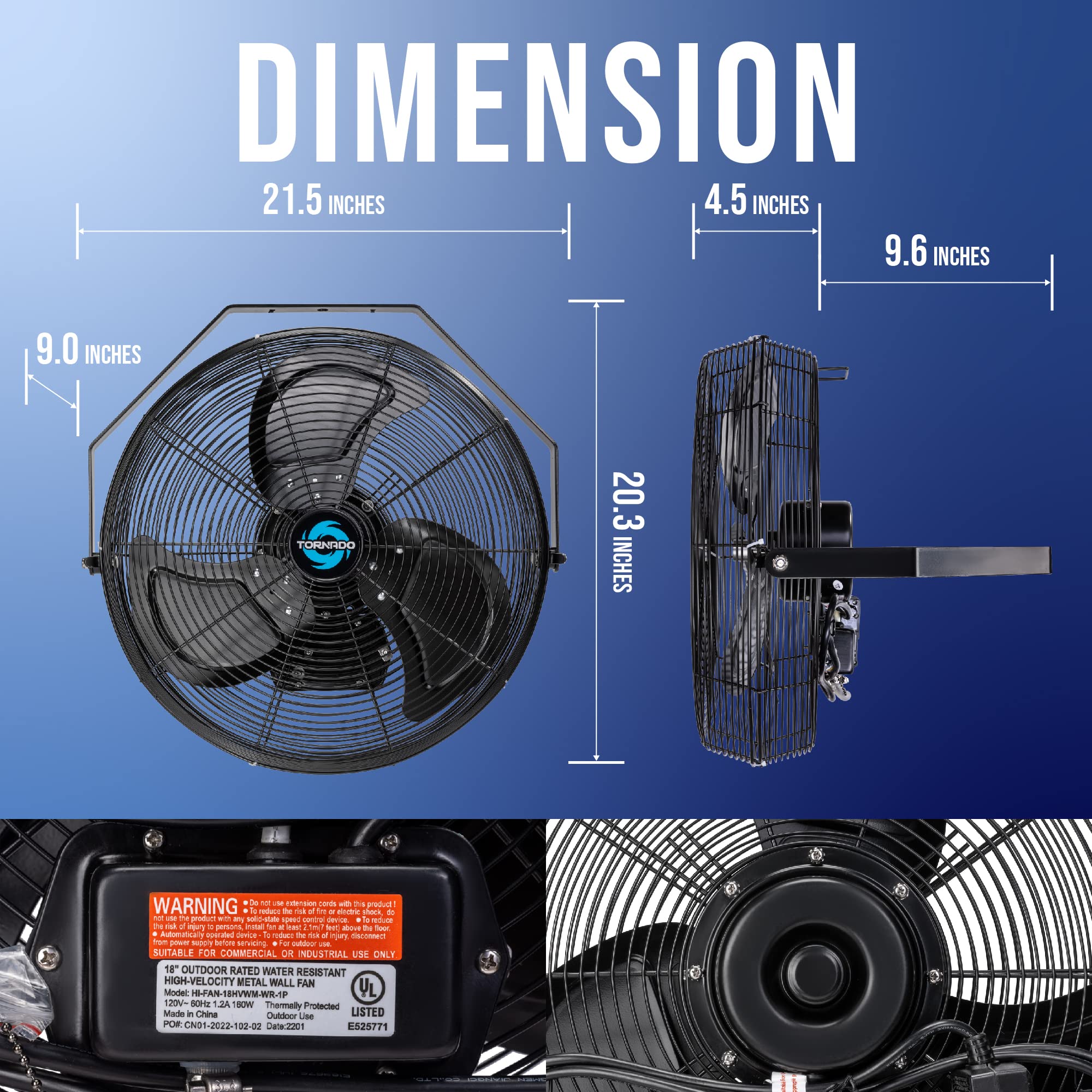Tornado 18 Inch Outdoor Ipx4 Water-Resistant High Velocity Metal Industrial Wall Mount Fan For Commercial, Industrial, Residenti