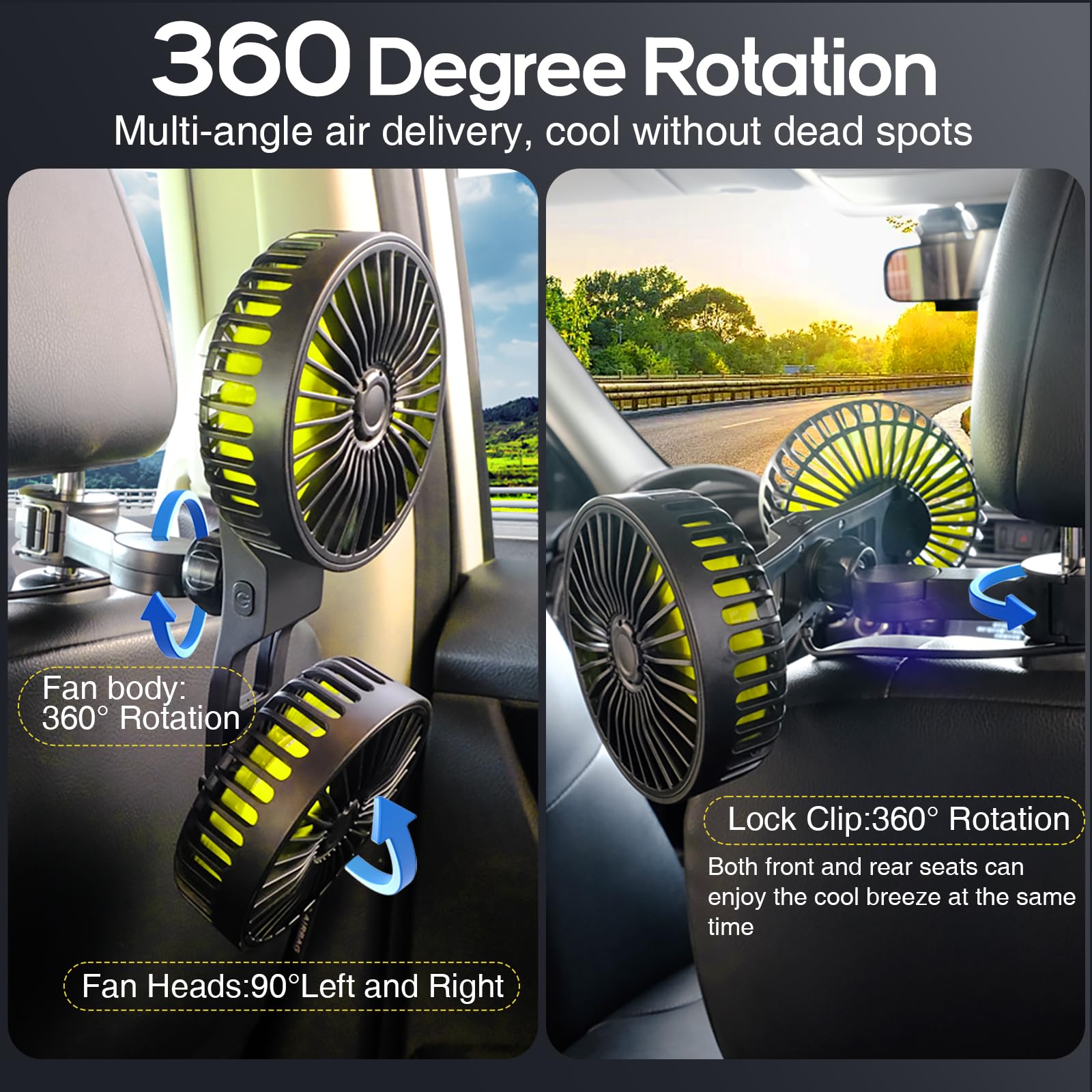 Dealswin Car Fan For Backseat Kids, Dual Head Usb Car Seat Fan, 360 Rotatable Strong Wind Car Rear Headrest Fan For Baby, Air Ci