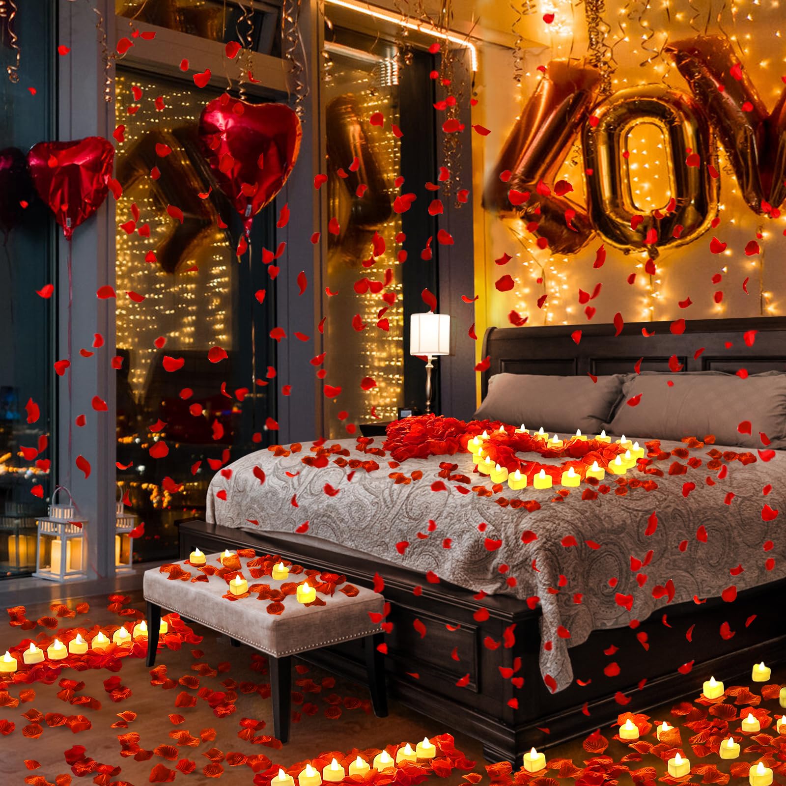 3000Pcs Red Rose Petals With 36Pcs Led Tea Lights Candles, Romantic Gifts For Her