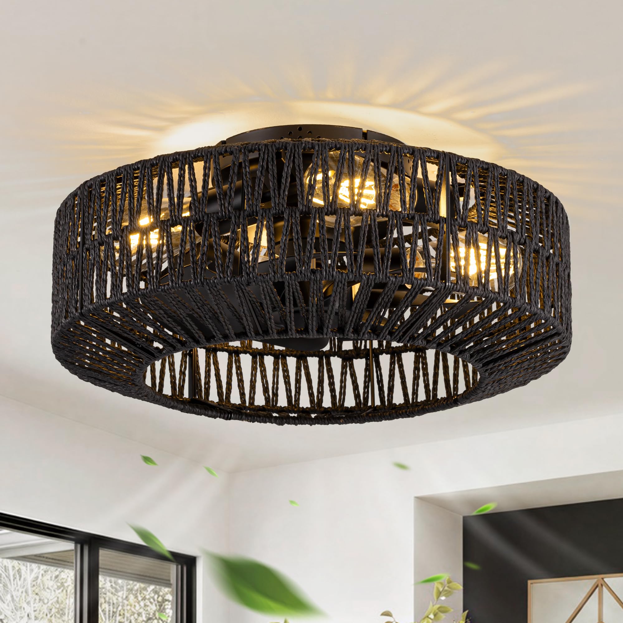 WONGU Boho Caged Ceiling Fans with Lights and Remote Control, Low Profile Fandelier Ceiling Fan with Light Flush Mount, Rattan F