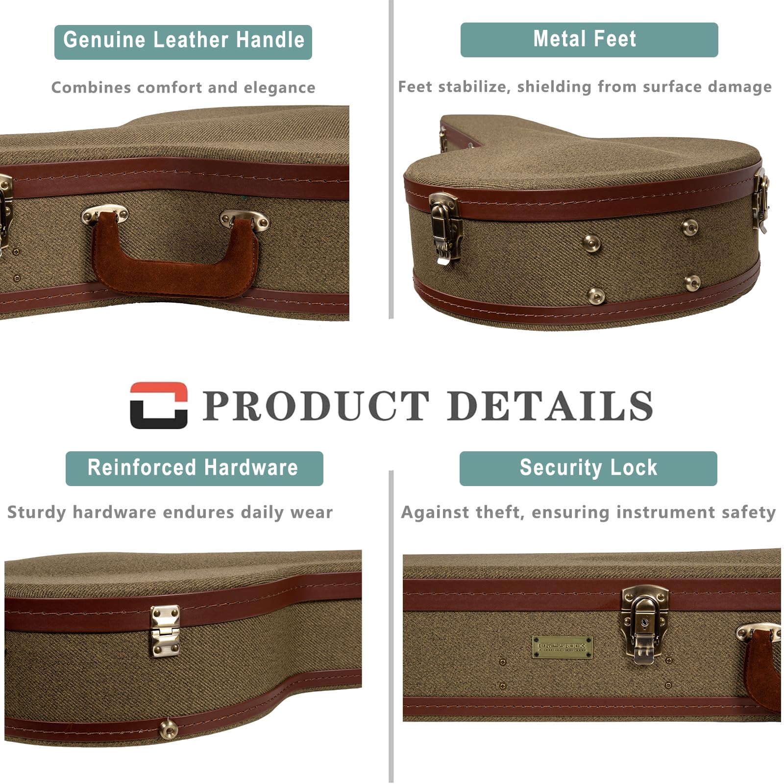Crossrock Master Series Openback Banjo Case | Olive Green Tweed Exterior, Re-Engineered Wooden Shell, Leather Handle & Forest Gr