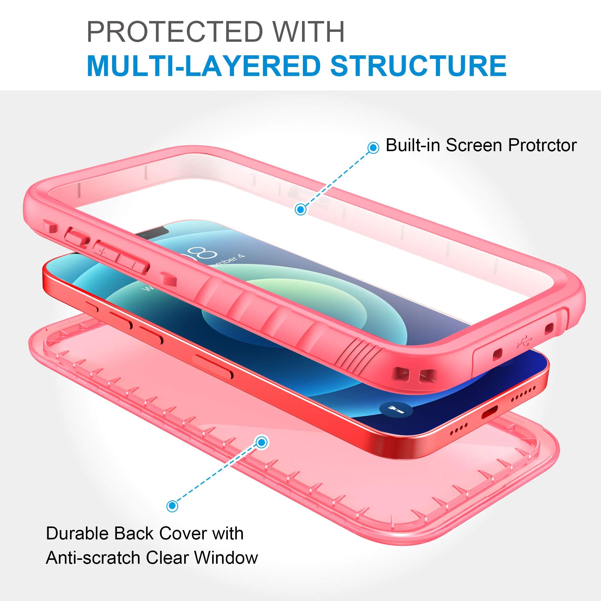 SPORTLINK Waterproof Case Full Body Shockproof Dustproof for iPhone 12 Pro Max 6.7 Inches Polypropylene Pink