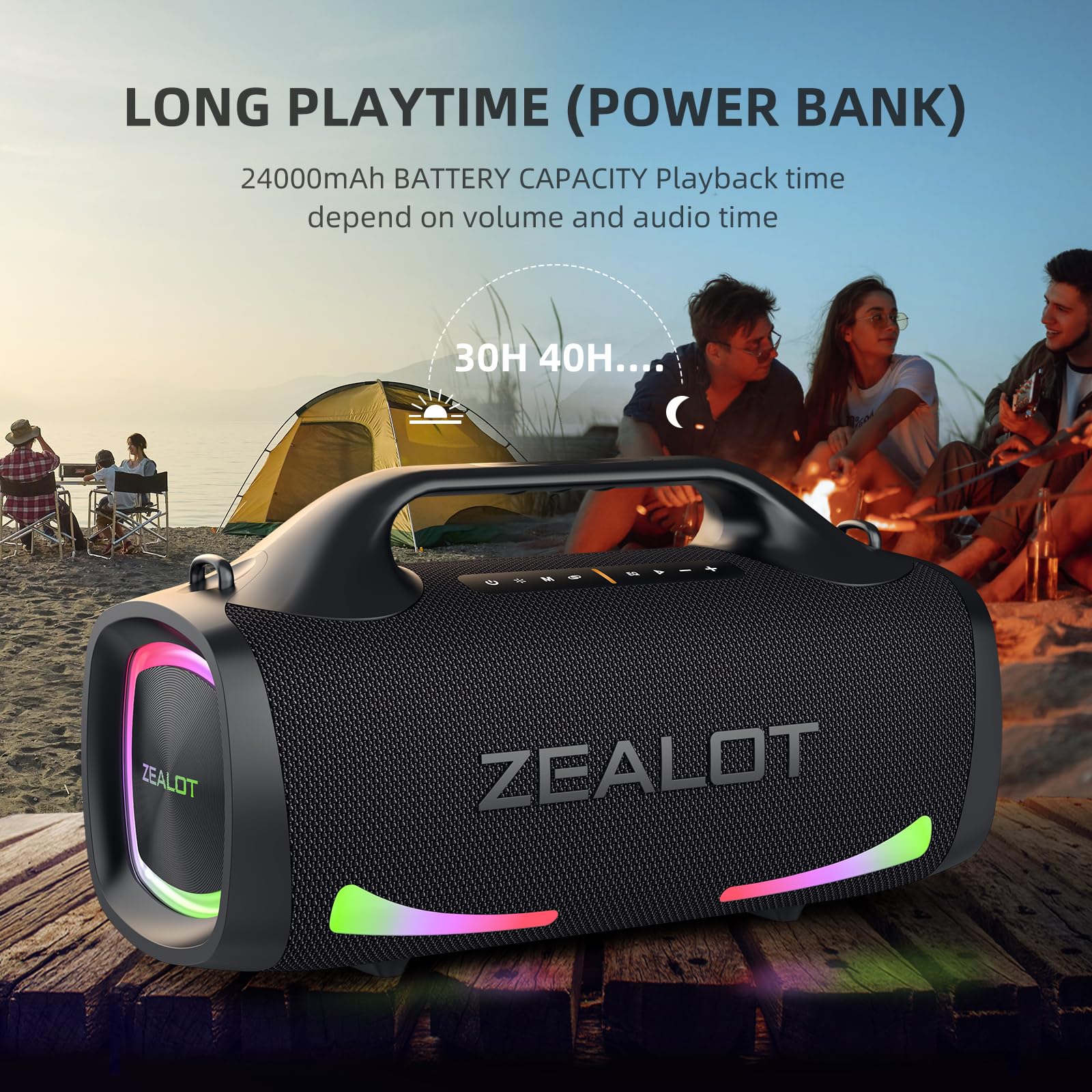 Zealot Bluetooth Speaker,100W Booming Sound Speakers Bluetooth Wireless, Dual Pairing, Xbass, Bluetooth 5.3, 24000Mah Power Bank, Portable Outdoor Waterproof Speaker For Camping, Beach, And Party