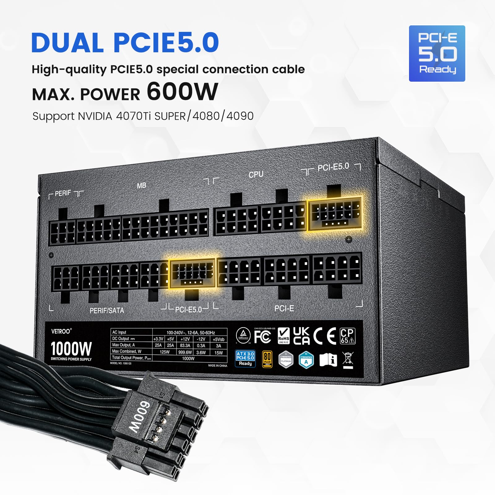 Vetroo 1000W Black Power Supply Atx 3.0 Ready Dual Pcie 5.0, 80 Plus Gold Full Modular, Compact Size, Japanese 105C Capacitors,