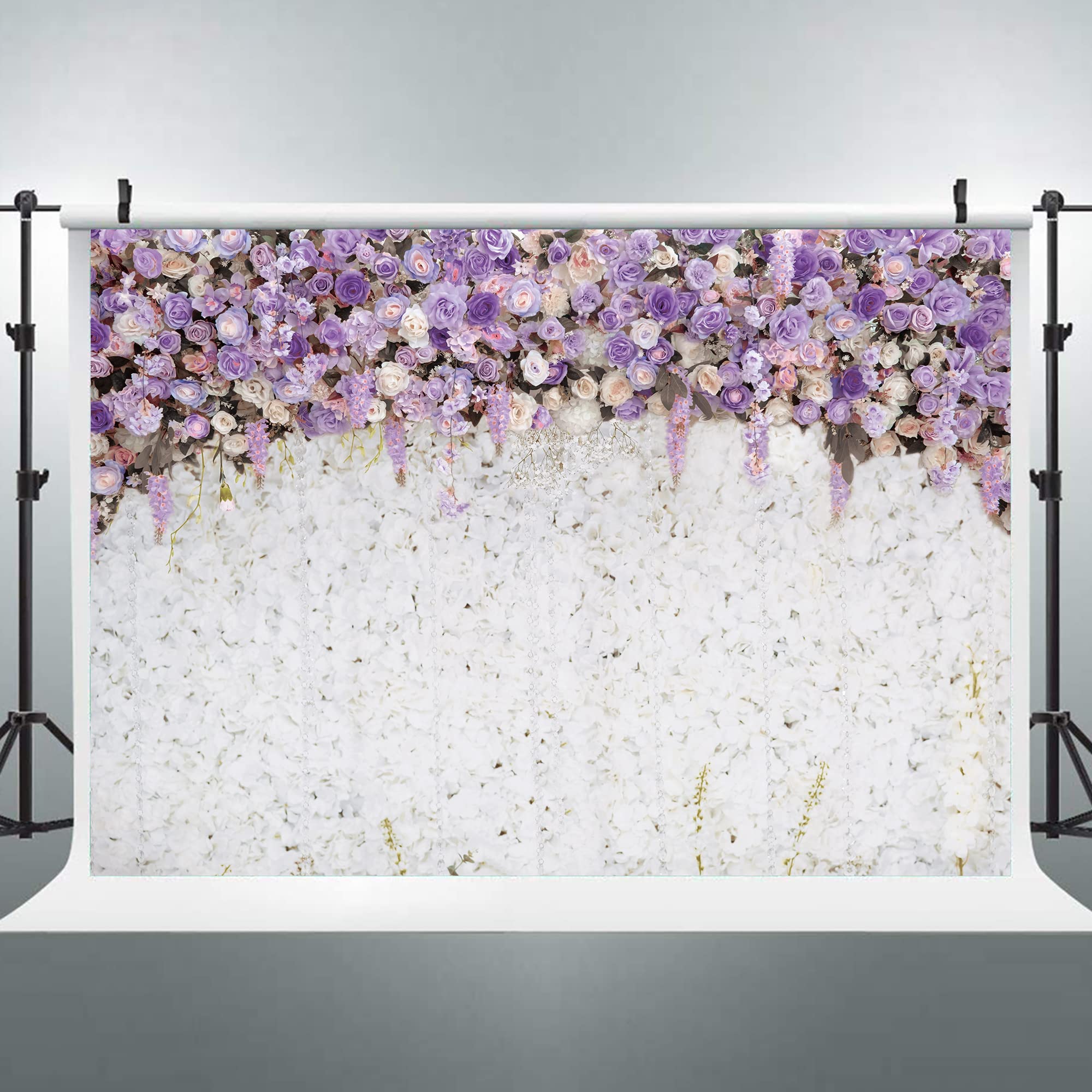 Riyidecor Lavender Bridal Shower Backdrop Polyester Fabric White Floral Light Purple Lilac Flower Wedding 7Wx5H Feet Girl Portra