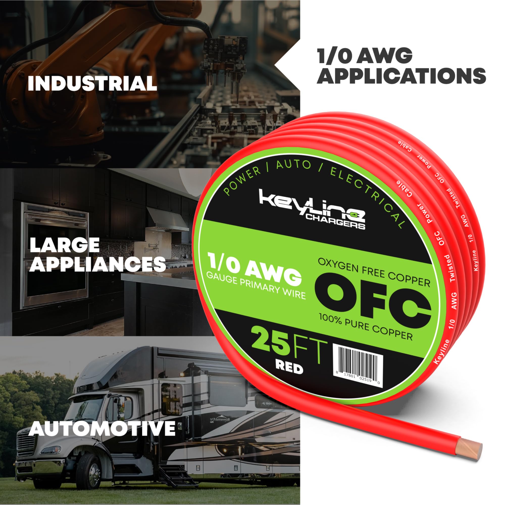 KeyLine Chargers 1/0 AWG Oxygen Free Copper Battery Amp Welding Cable Red 25ft