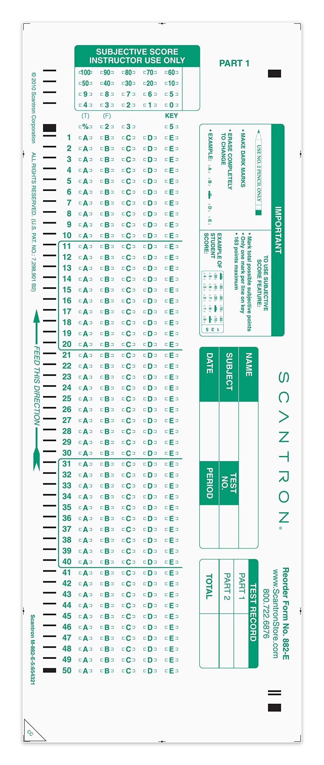 Official Scantron Brand 882 E Answer Sheet (50 Pack)
