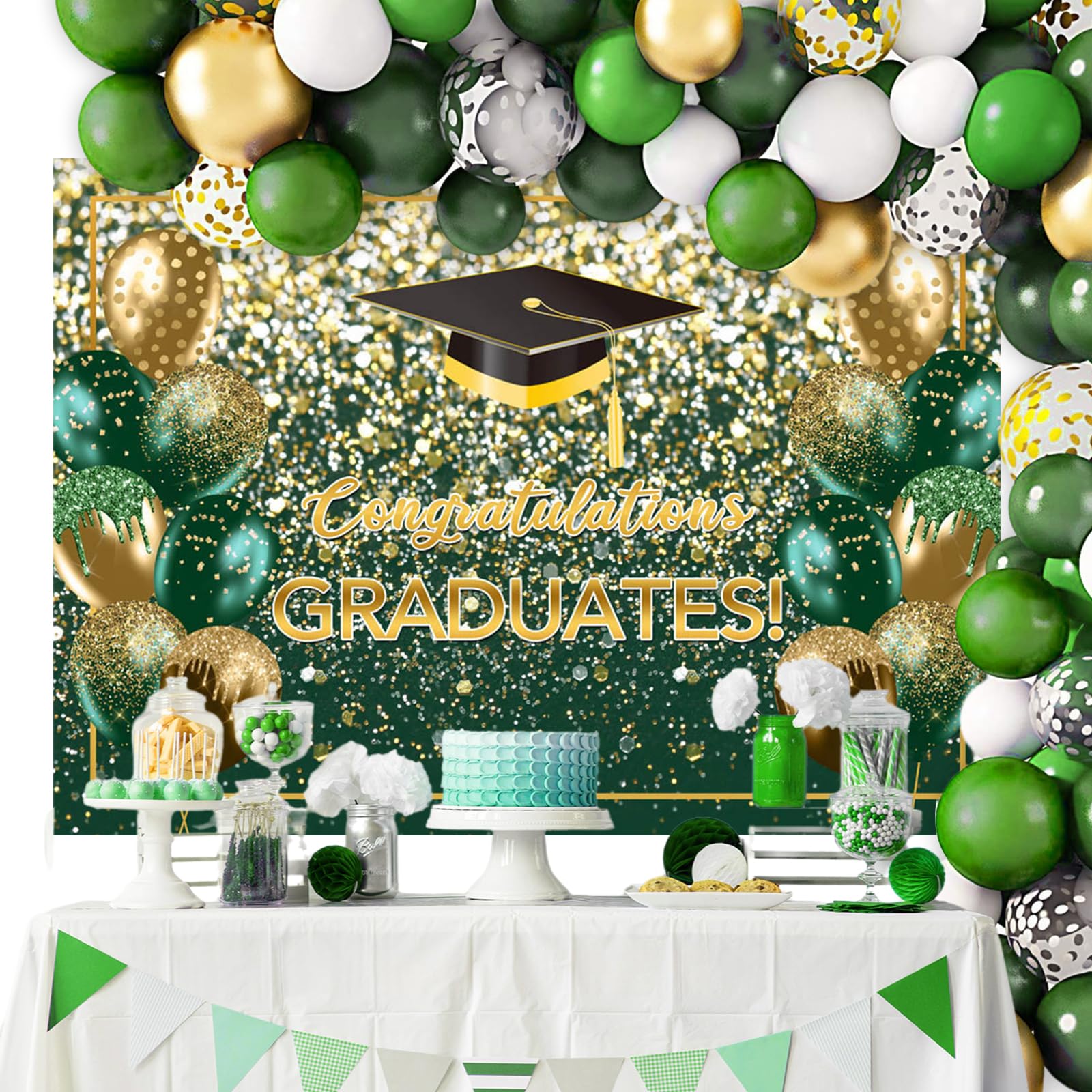Mocsicka Graduation Backdrop 7X5Ft Green And Gold Glitter Class Of 2025 Congrats Grad Party Decorations Congratulations Graduate