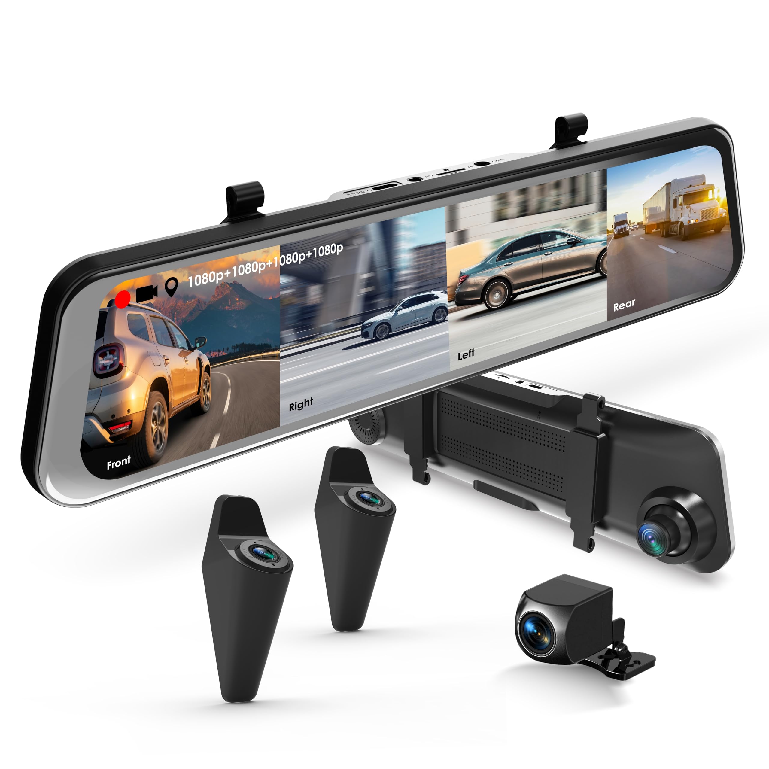 Uzivo U24 Mirror Dash Cam, 4 Channel, 12    Touchscreen, 1080P, 170 Wide Angle, Stream Media, Auto Backup Camera For Car, Truck,