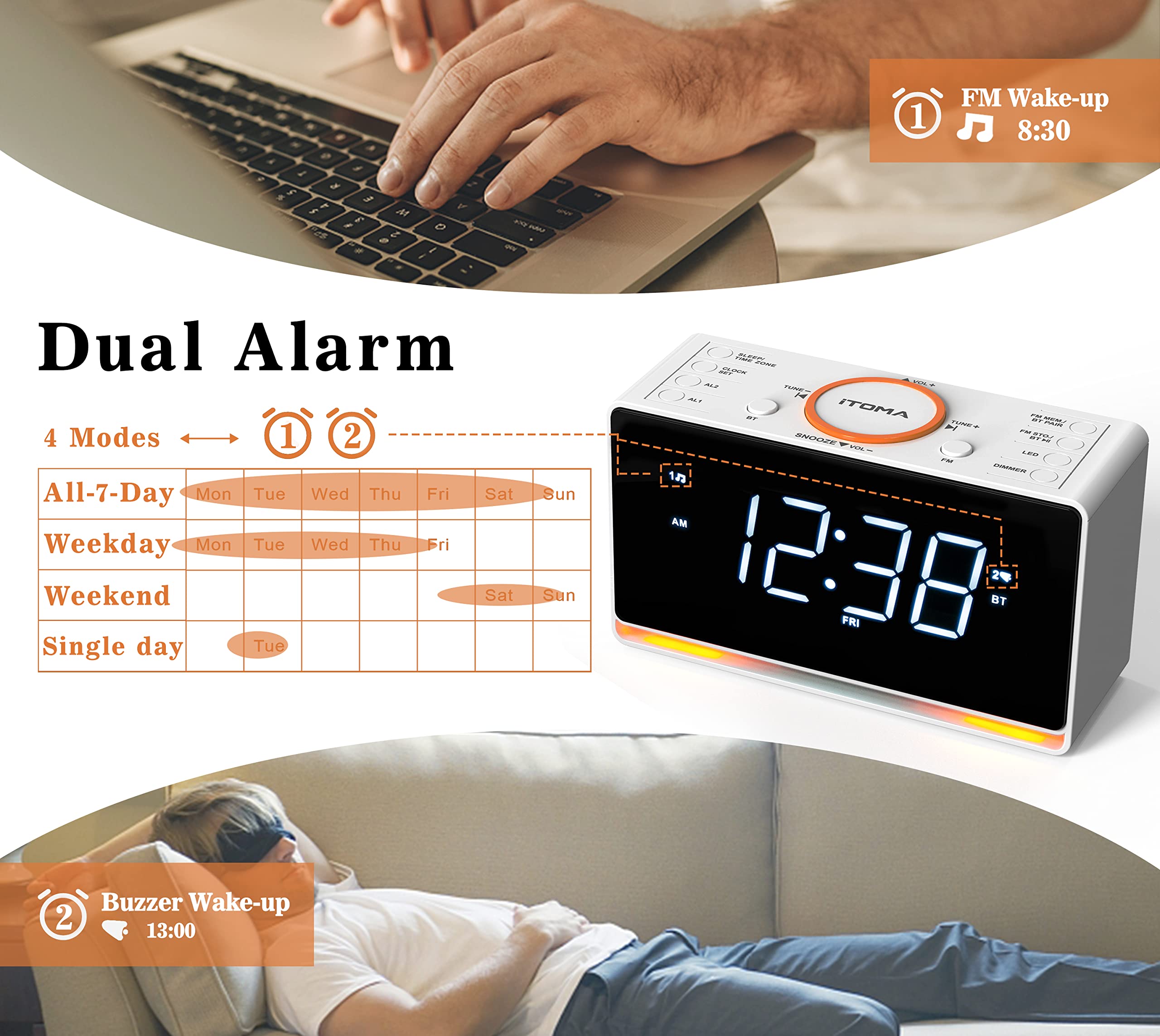 Itoma Alarm Clock Radio, 1.4'' White Led Display Clock With Bluetooth, Fm Radio, Dual Alarm, Sleep Timer, Snooze, Auto & Manual