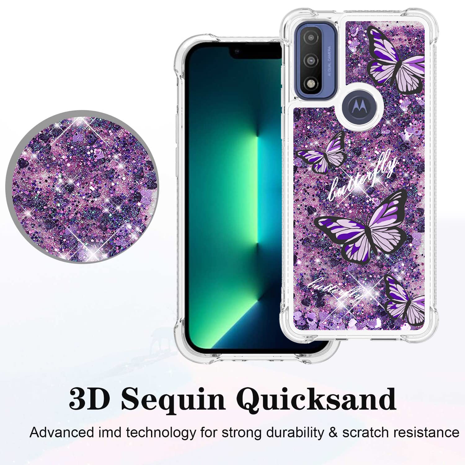 Caiyunl For Moto G Pure Case, Moto G Power 2022 Case With Glass Screen Protector, Women Girls Glitter Bling Floating Liquid Spar