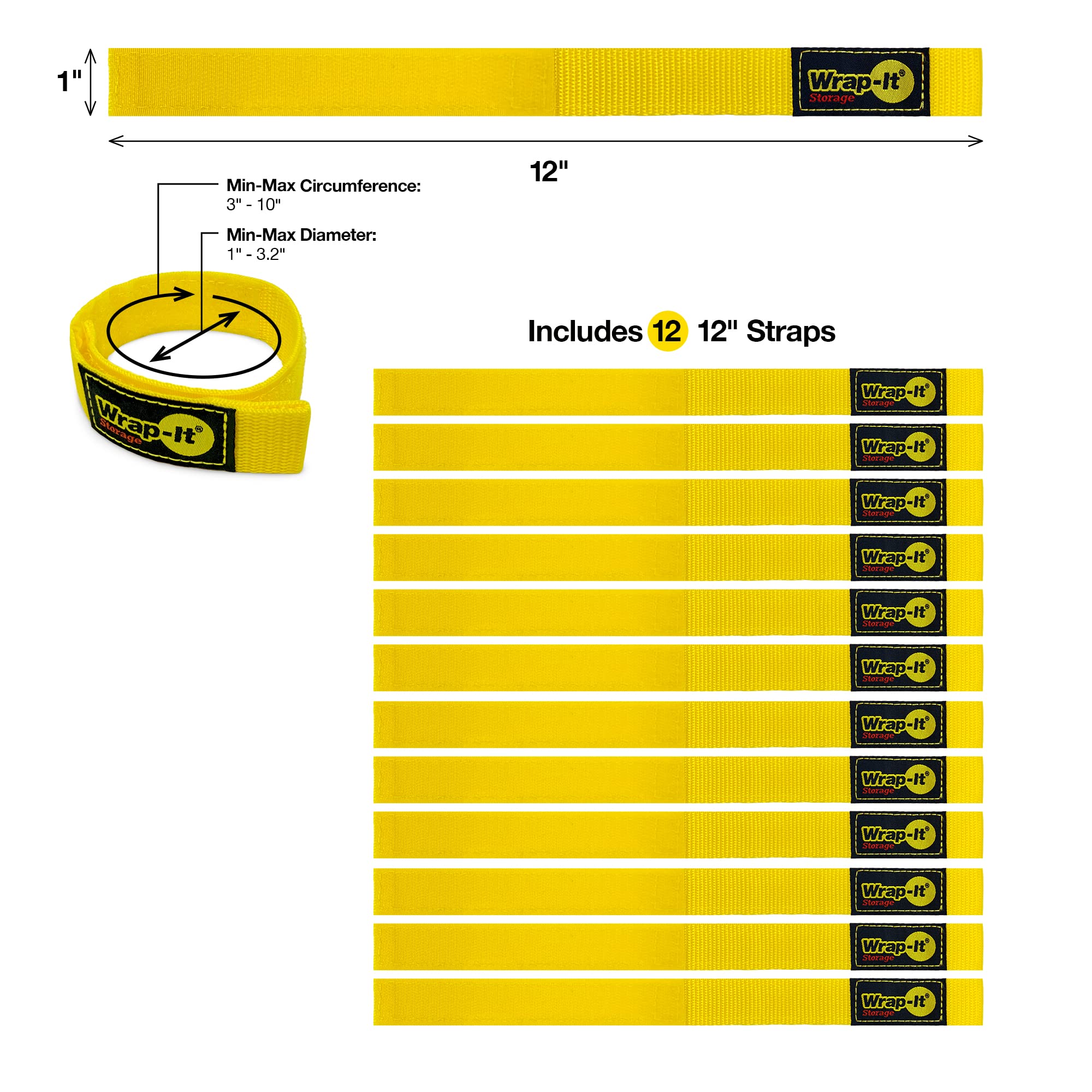 Quick Straps By Wrap It Storage   12'' (12 Pack) Yellow   Extension Cord Holder For Rv And Boat Organizing