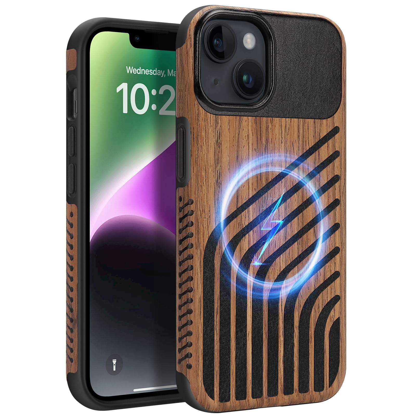 ZZDZZ Magnetic Case Compatible with iPhone 13 Case [Compatible with MagSafe] Wood and Leather Carbon Fiber Design Hybrid Shockpr