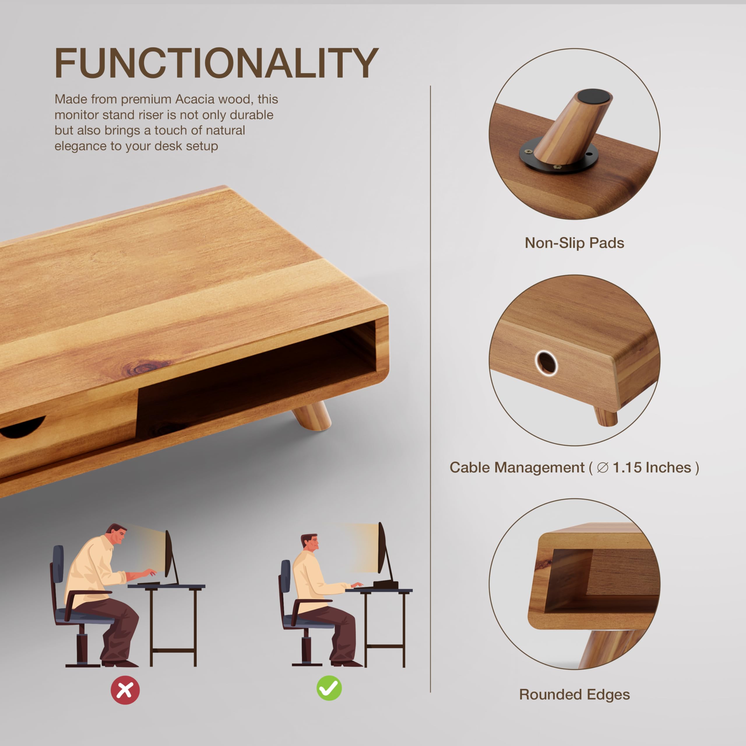 Tinamo Acacia Wood Monitor Stand With Drawer   Wooden Monitor Riser For Desk   Computer Monitor Stand For Desk   Multi Purpose D
