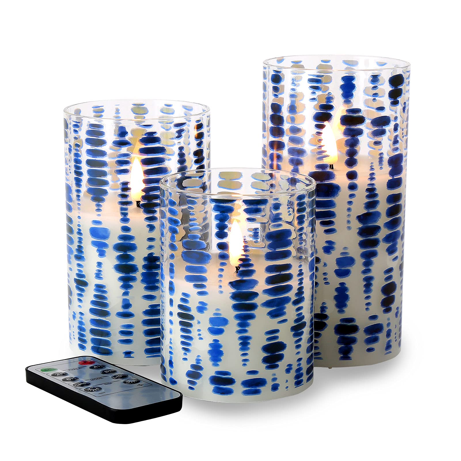 Eywamage Blue Dots Flameless Candles In Glass Jars, Flickering Battery Led Pillar Candles With Remote Set Of 3