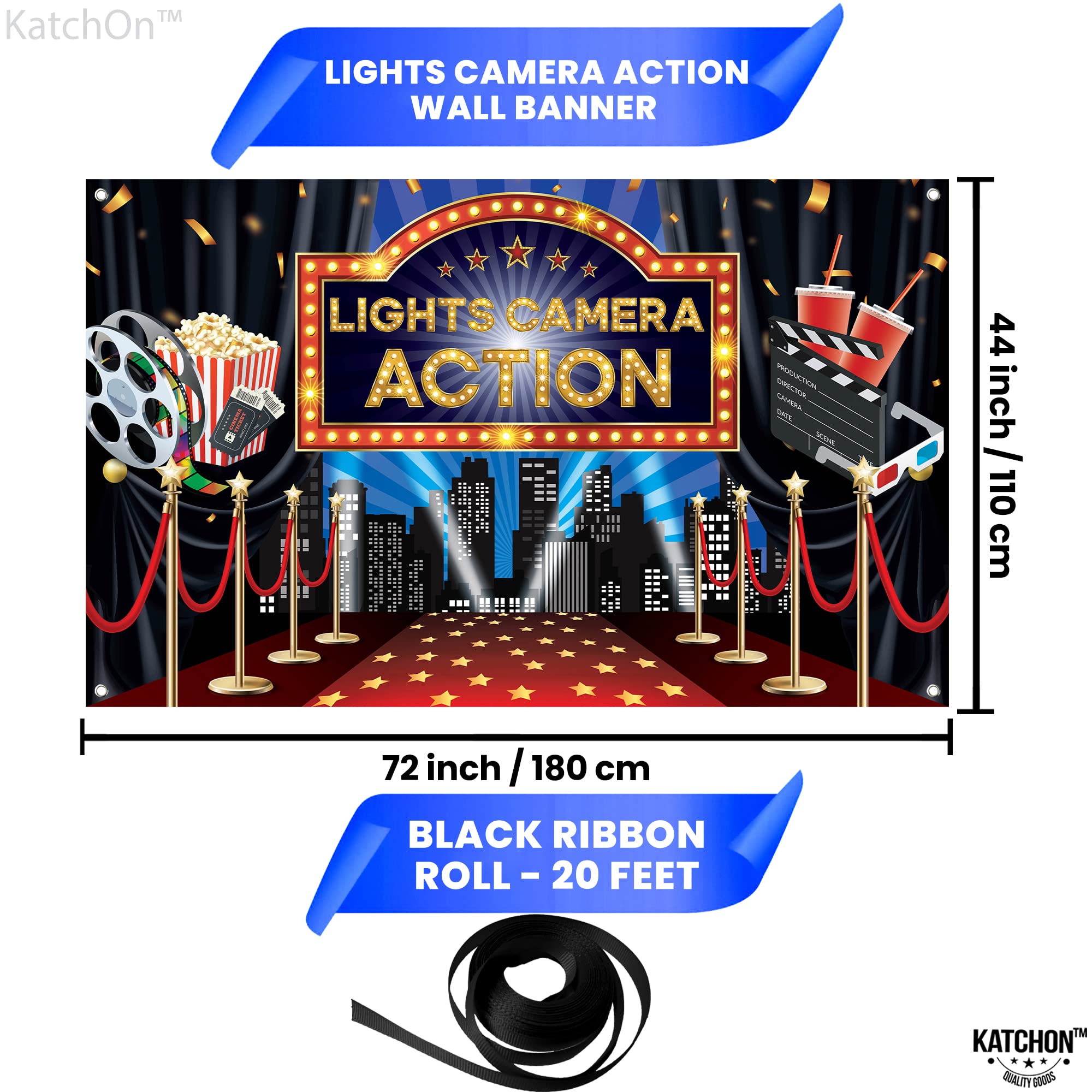 Katchon, Lights Camera Action Backdrop   Large, 72X44 Inch | Movie Theme Party Decorations, Oscar Party Decorations | Lights Cam