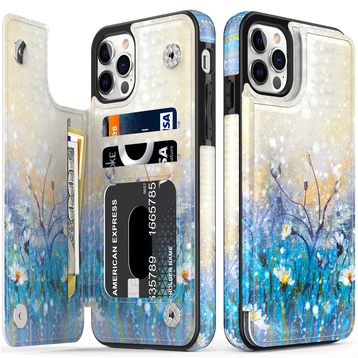 Leto Iphone 14 Pro Case,Folio Leather Wallet Cover With Fashion Flower Designs For Girls Women,Built-In Card Slots Kickstand Pro