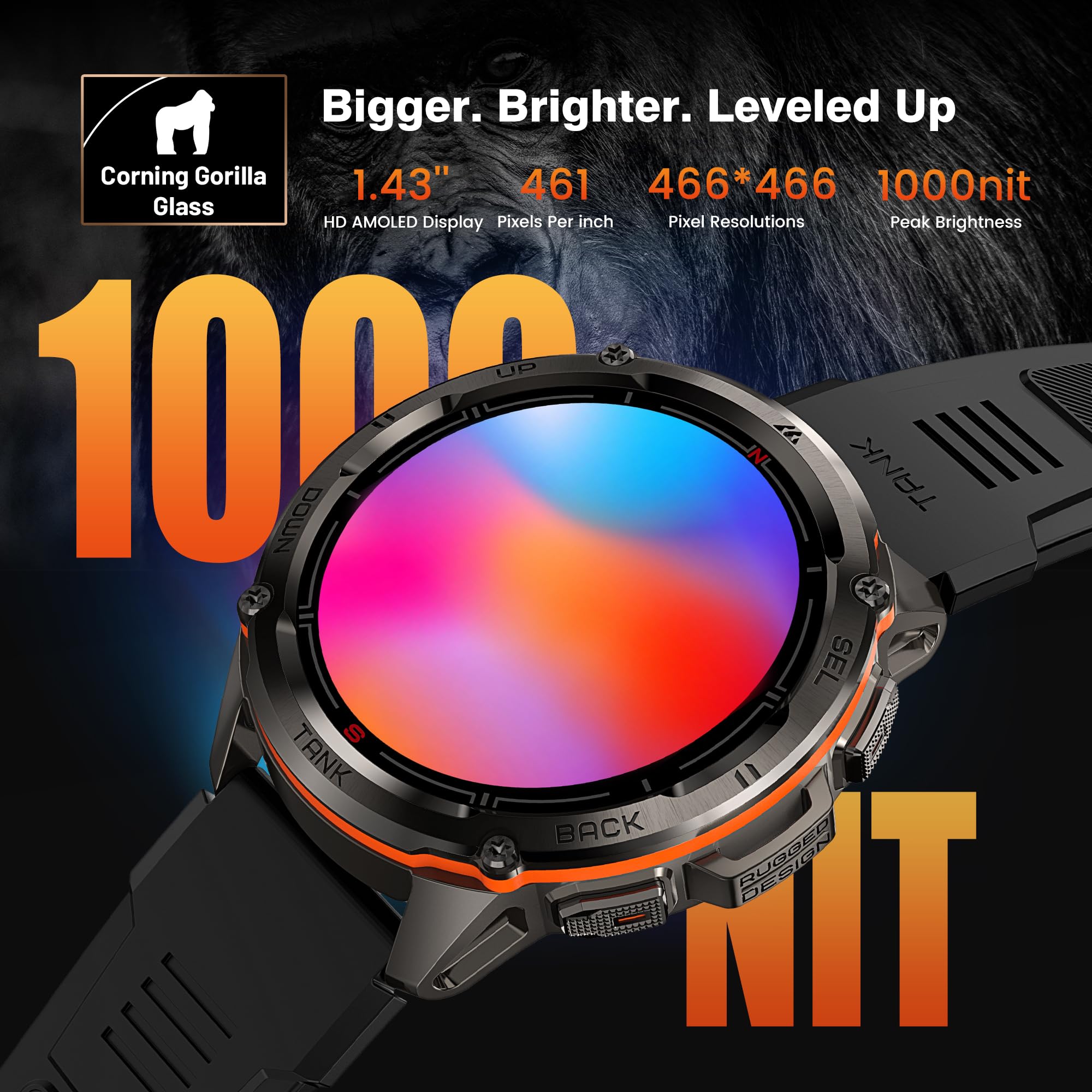 Kospet Tank T3 Ultra Smart Watch For Men Gps, Extra-Long Battery, 50M Waterproof, Stainless Steel Unibody Rugged Smartwatch With