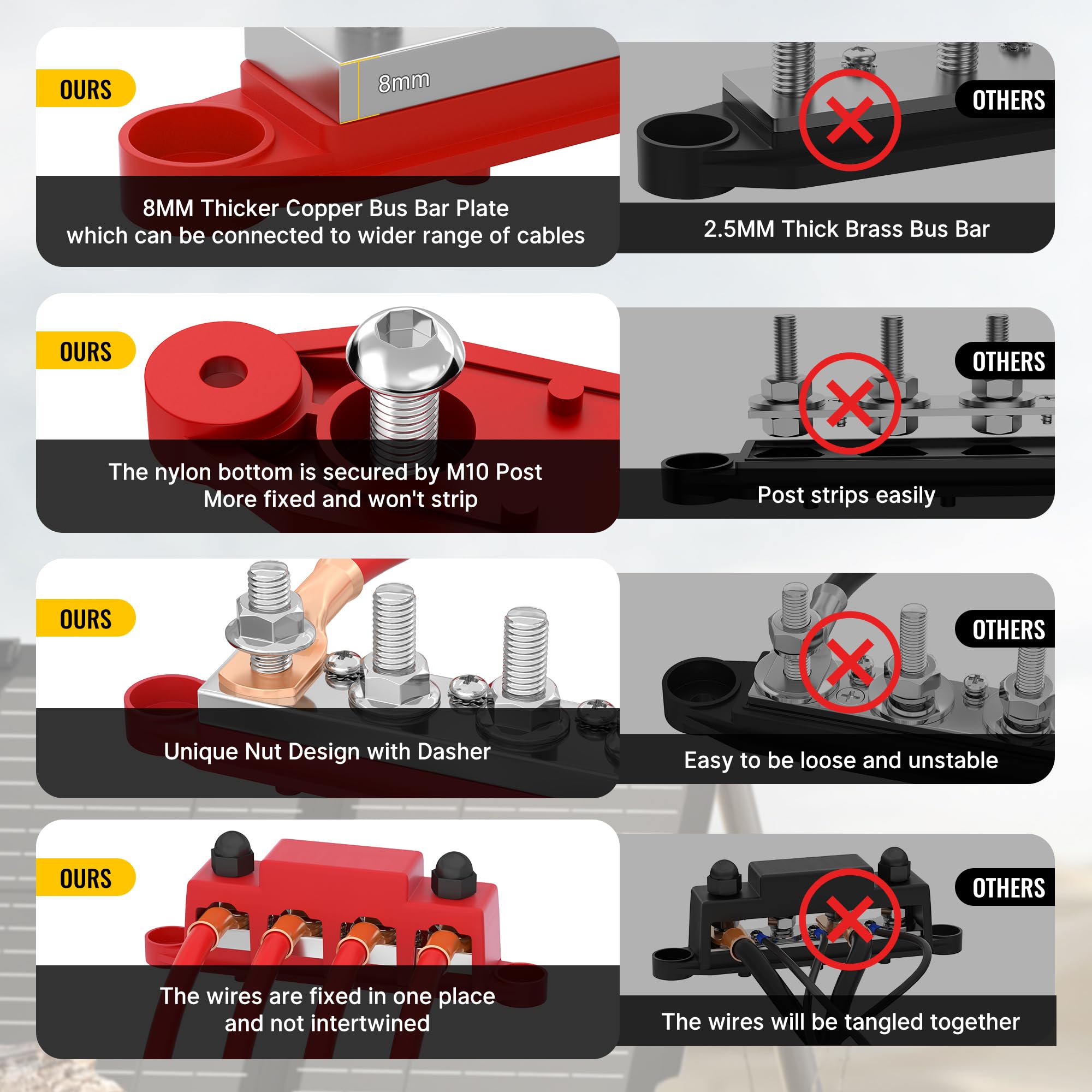 Joinfworld 400A Bus Bar 12V Power Distribution Block With 4 X 3/8' Studs 12 Volt Marine Copper Battery Busbar Terminal Block For Car, Boat, Automotive, Rv, Solar Wiring   Negative&Positive
