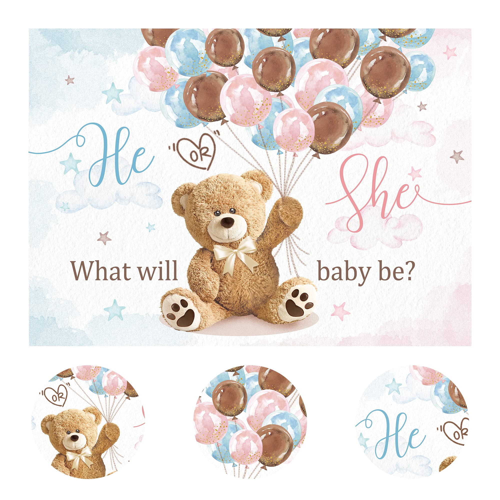 Imirell Bear Gender Reveal Party Backdrop 7Wx5H Feet Cute Bear Pink Brown Blue Balloons He Or She What Will Baby Be Polyester Fa