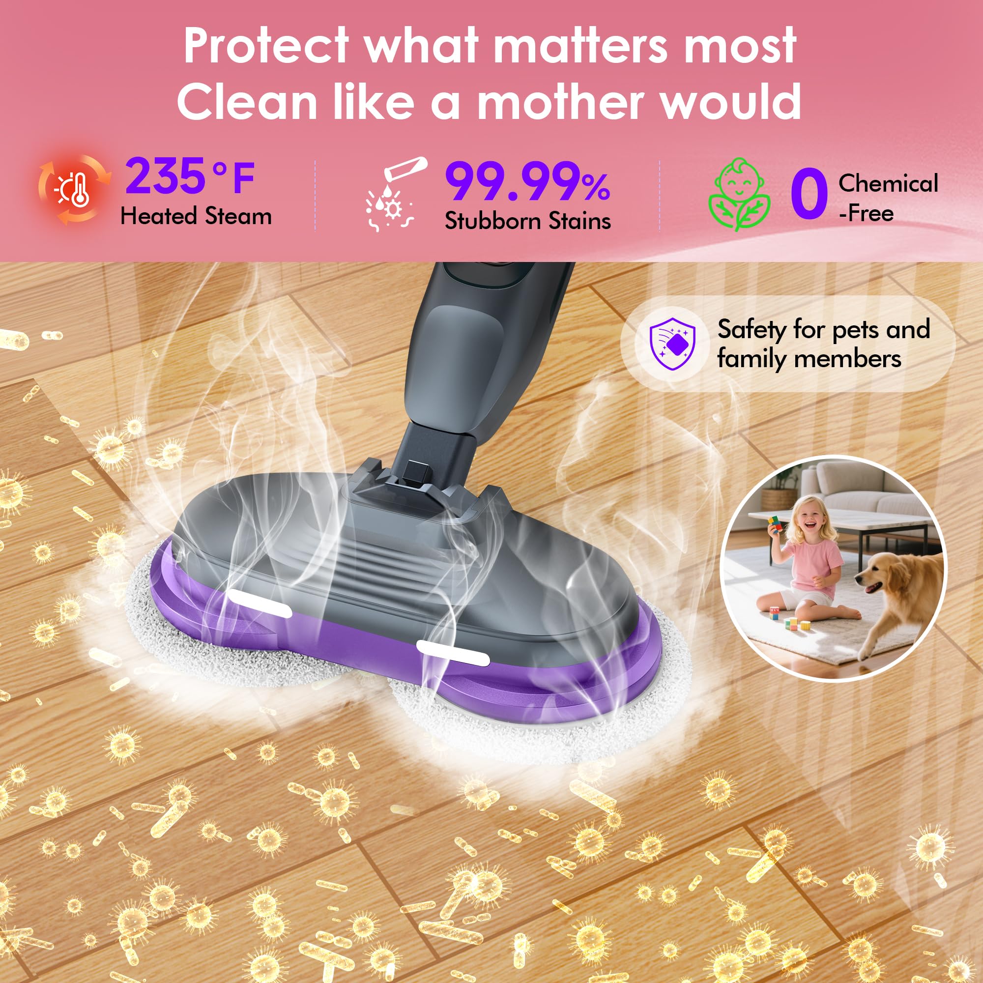 Bojuk Scrub & Steam Mop With Rotating Mop Pads, Led Headlights, 6 Scrub Pads, Large Tank, Swivel Steering, Effortless Scrubbing