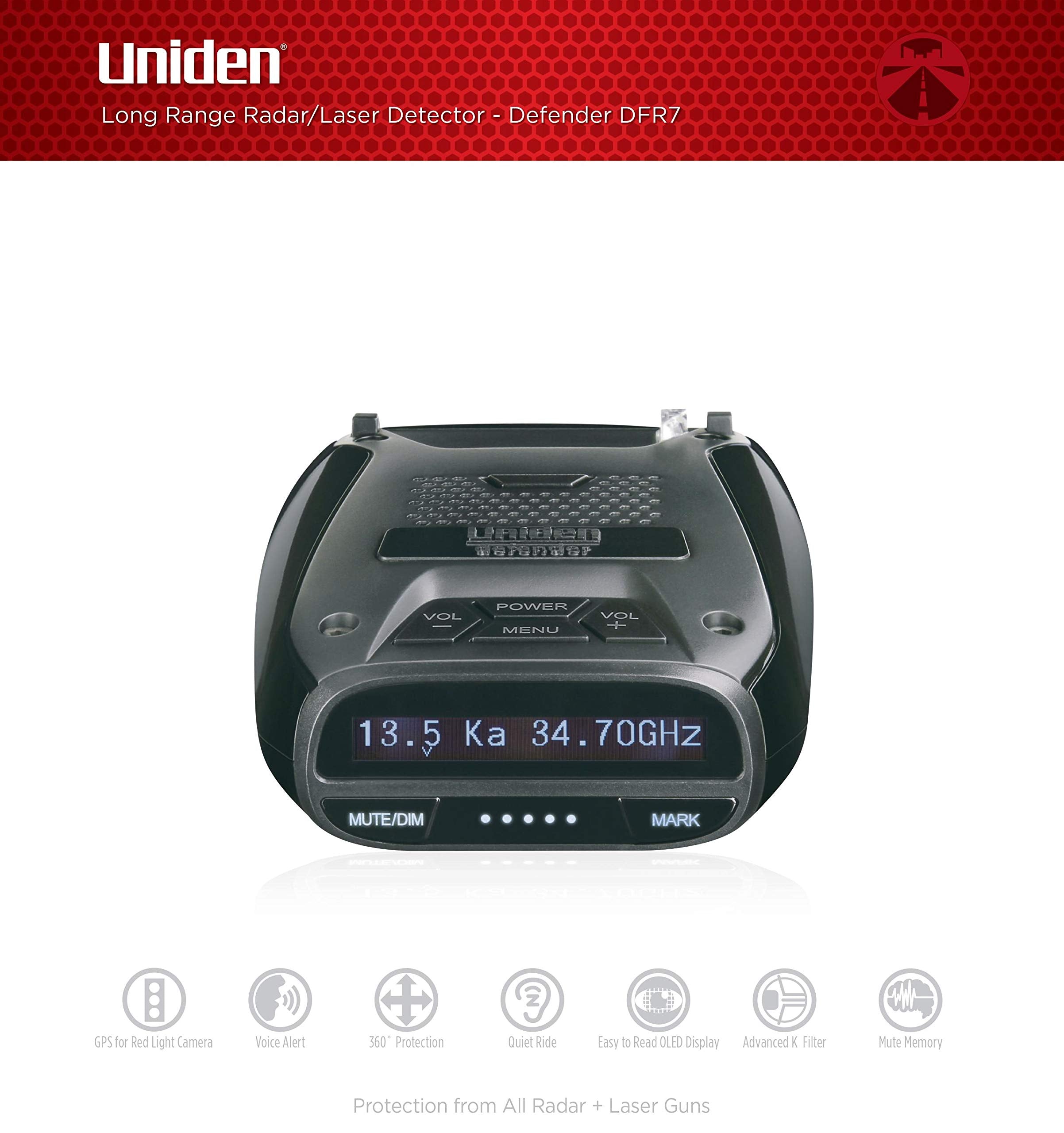 Uniden DFR7 Long Range Laser/Radar Detector with GPS, Voice Alerts, Red Light & Speed Camera Alerts, OLED Display - Black