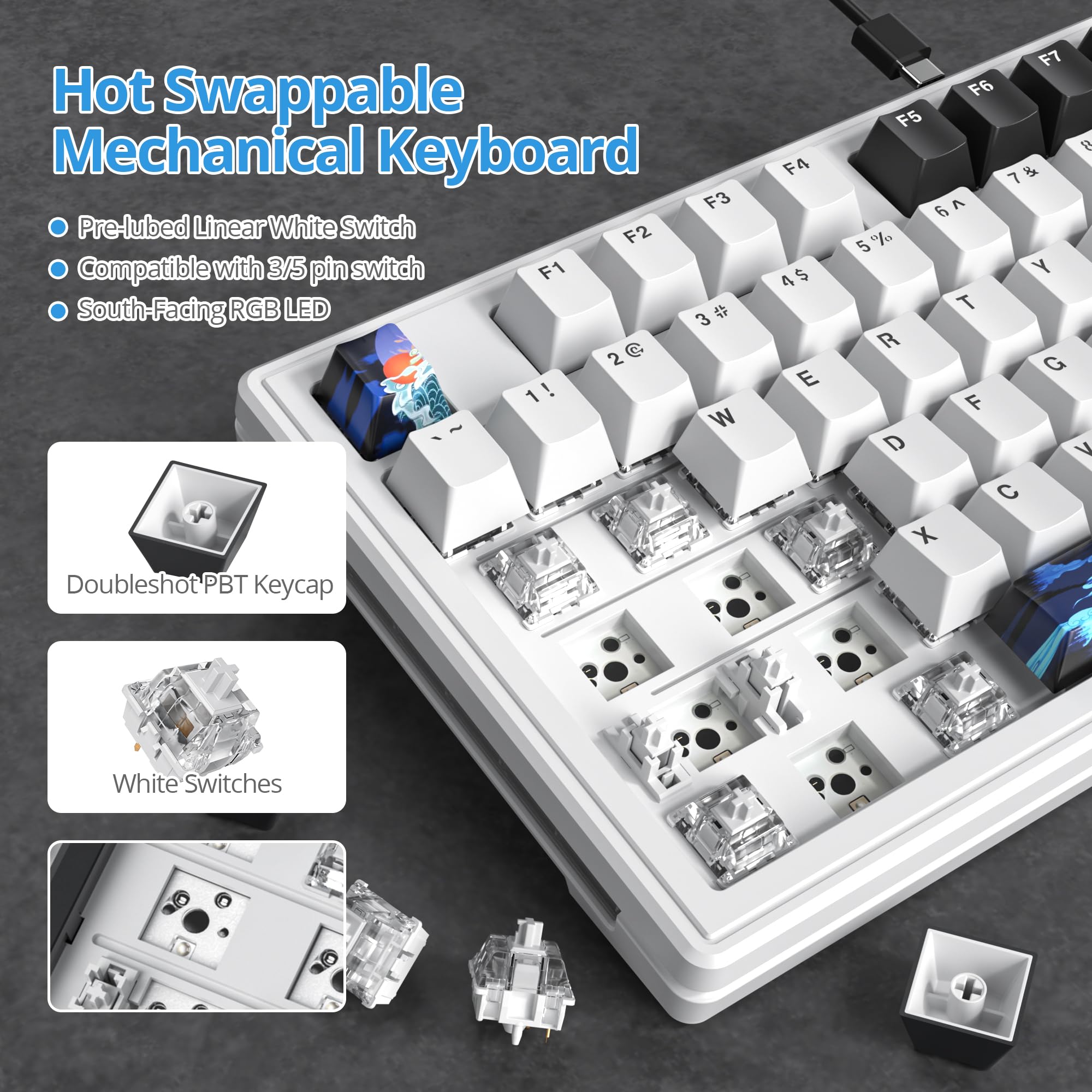 Itastatur 75 Percent Gasket Mounted Mechanical Keyboard Hot Swappable,Wired 87 Key Tkl Mechanical Keyboard,Rgb Backlit,Custom Wh
