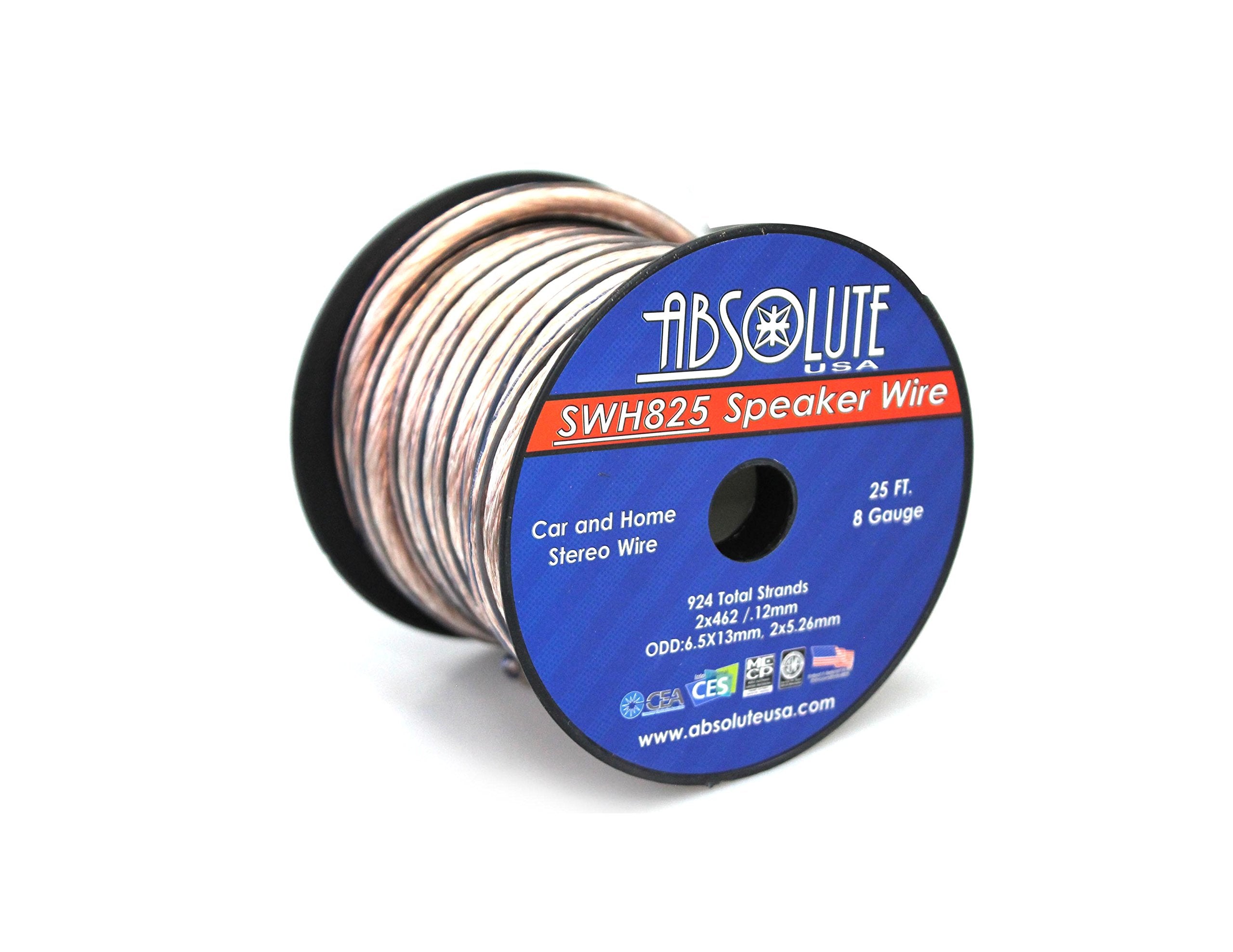 Absolute Usa Swh825 8 Gauge Car Home Audio Speaker Wire Cable Spool 25'