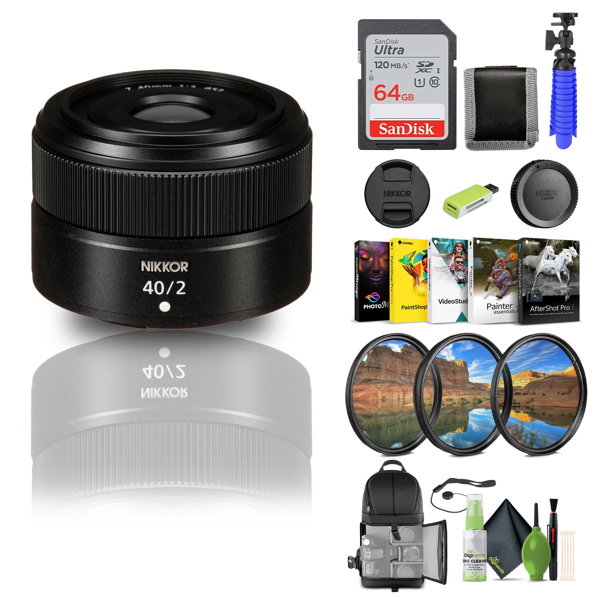 Nikon NIKKOR Z 40mm f/2 Standard Prime Lens for Nikon Z Cameras (20102) + 64GB Memory Card + Filter Kit + Backpack + Card Reader